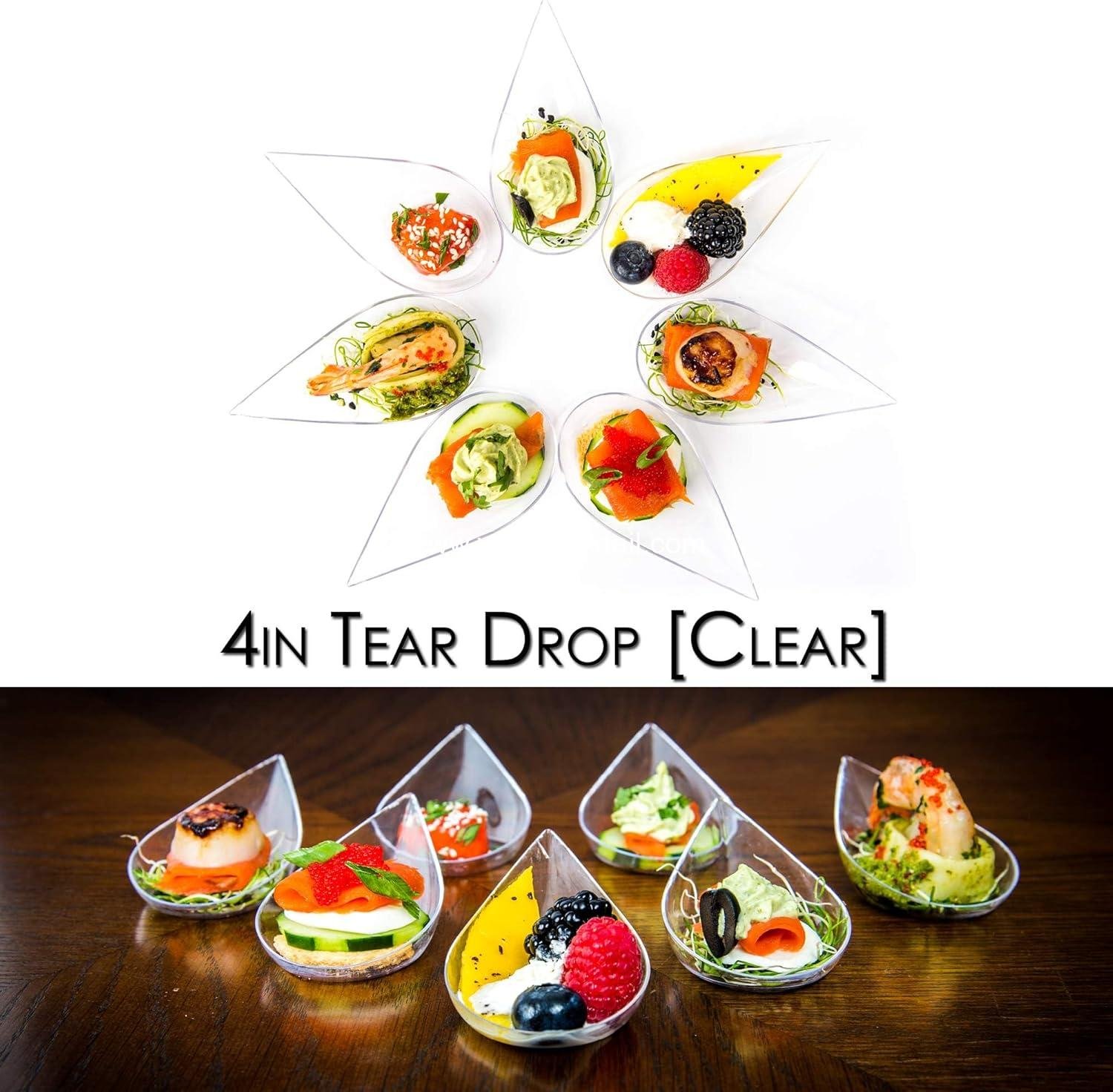 Wholesale 100 Count 4-in-1 Tear Drop Mini Appetizer Plates with Clear Plastic Spoons - Small Catering Dessert Tasting Cups - Ideal for Desserts and Appetizers - Includes Recipe Ebook - Supplier
