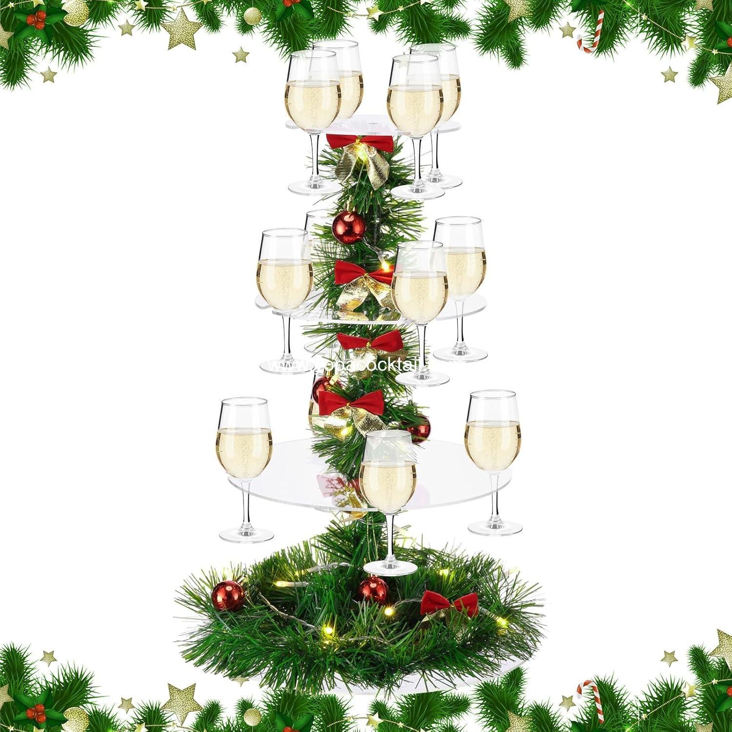 Christmas Cocktail Tree Stand with String Light 3 Tier Clear Acrylic Champagne Tower Stand with 12 Slots Drink Holder for Christmas Party Celebration Wine Tastings(Circle)