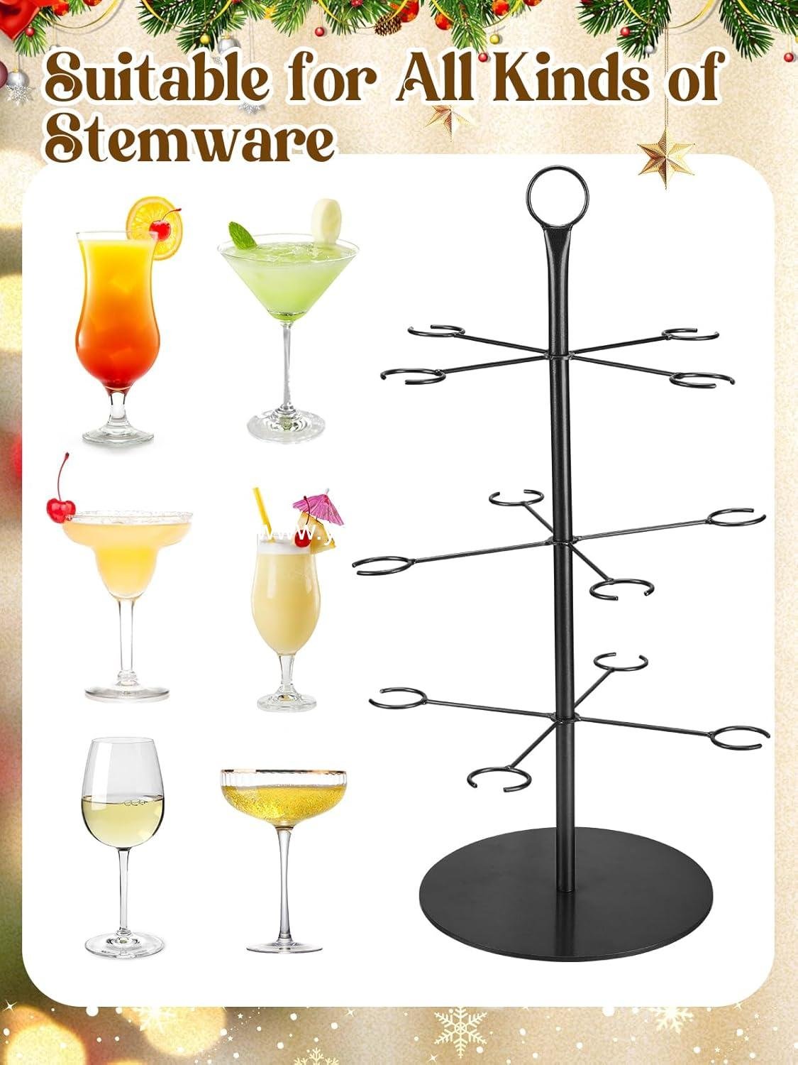 OEM Cocktail Tree Stand - 3 Tier Metal Tower for Mimosa and Margarita Cups, 12 Holders for Christmas, Thanksgiving, Wedding, and Birthday Parties, Black - Wholesale Supplier