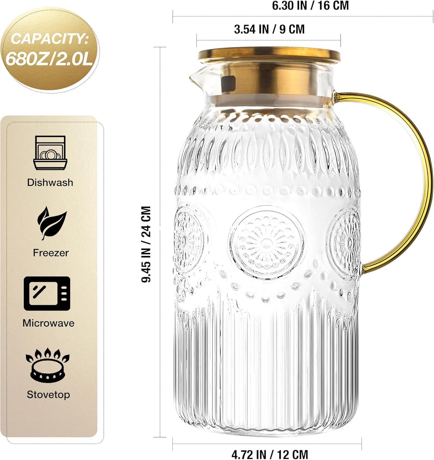 Wholesale Heat Resistant Glass Pitcher with Lid, 68 oz Vintage Water Carafe for Cold Brew, Coffee, Lemonade, Iced Tea, Beverage - 1 Pack Supplier