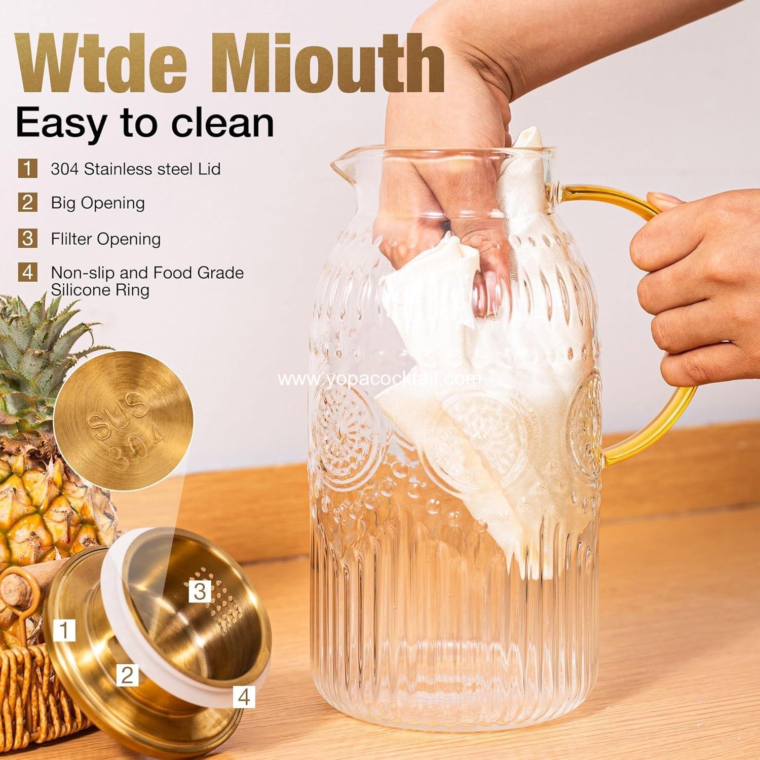 Wholesale Heat Resistant Glass Pitcher with Lid, 68 oz Vintage Water Carafe for Cold Brew, Coffee, Lemonade, Iced Tea, Beverage - 1 Pack Supplier