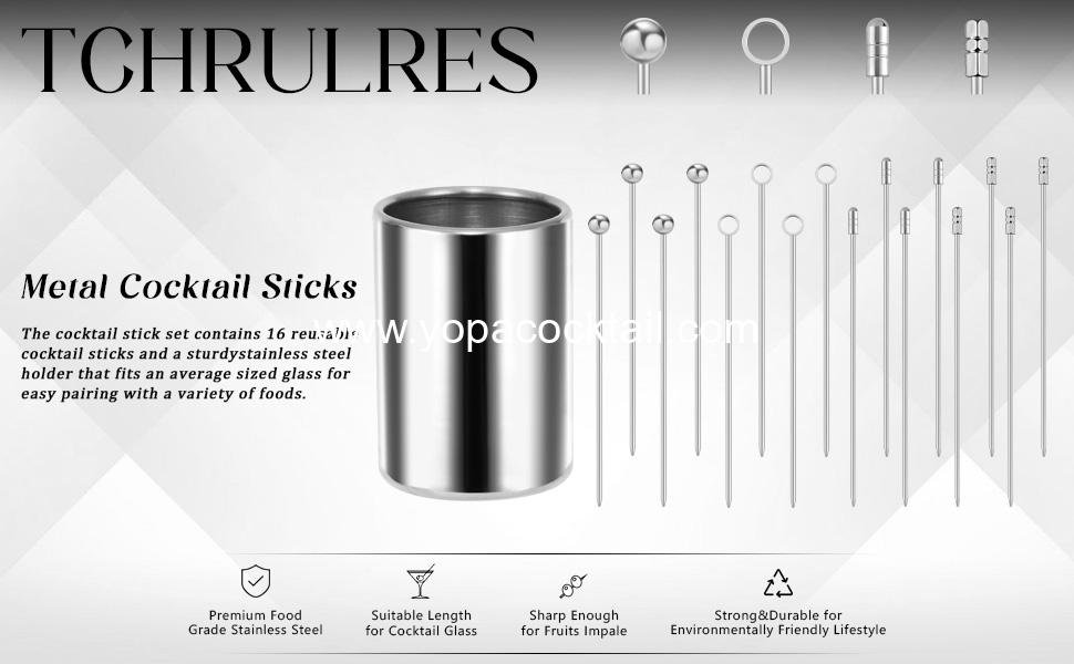 Wholesale Cocktail Picks, 16 Pcs Metal Martini Picks, Reusable Stainless Steel Drink Sticks with Storage Cup, Bloody Mary Skewers for Appetizers, Sandwiches, BBQ Snacks, Olives, Fruits Supplier