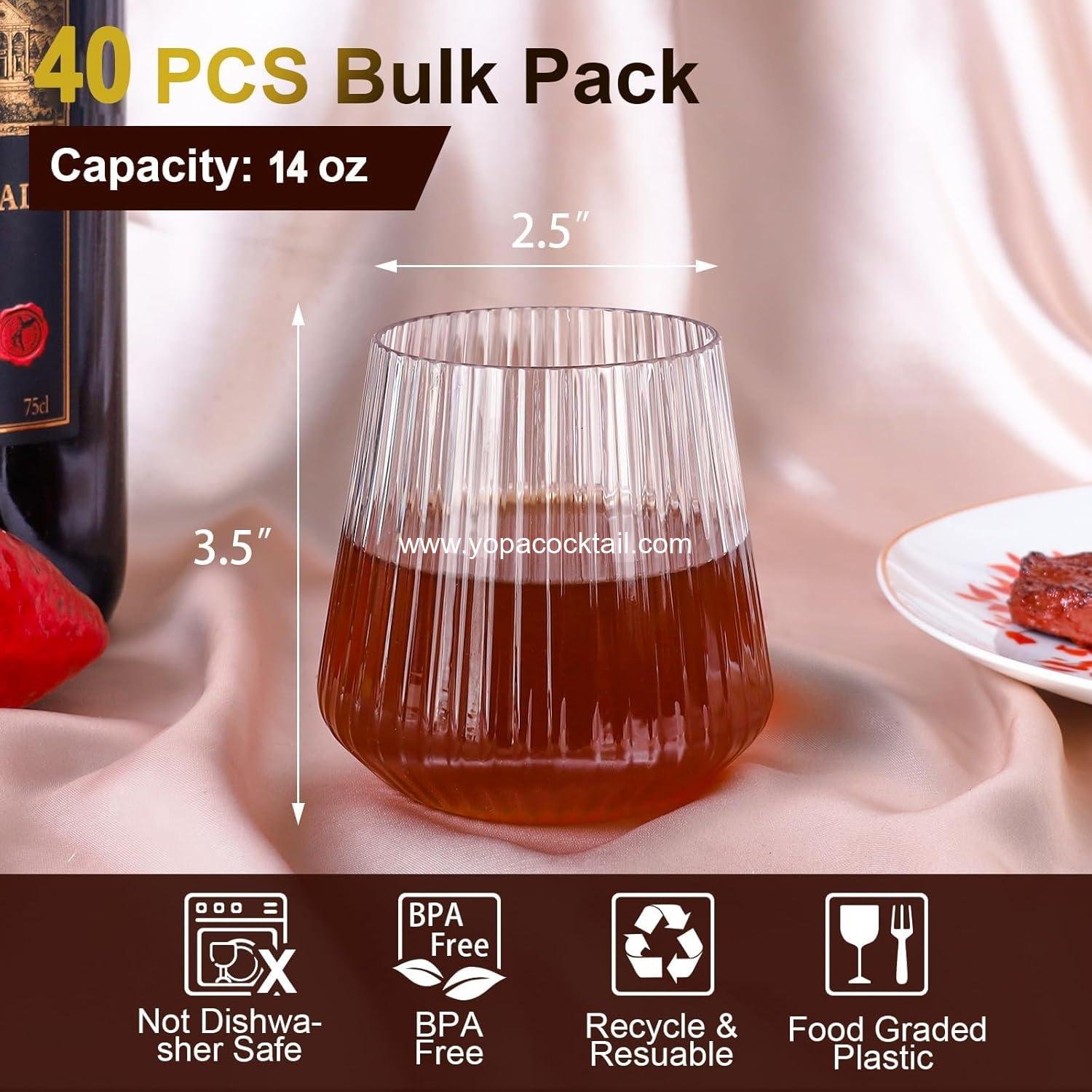 Wholesale 40 Pack Ribbed Plastic Wine Glasses, 14oz Unbreakable Clear Disposable Cocktail Cups, Recyclable Shatterproof Reusable Wine Tumblers - Supplier
