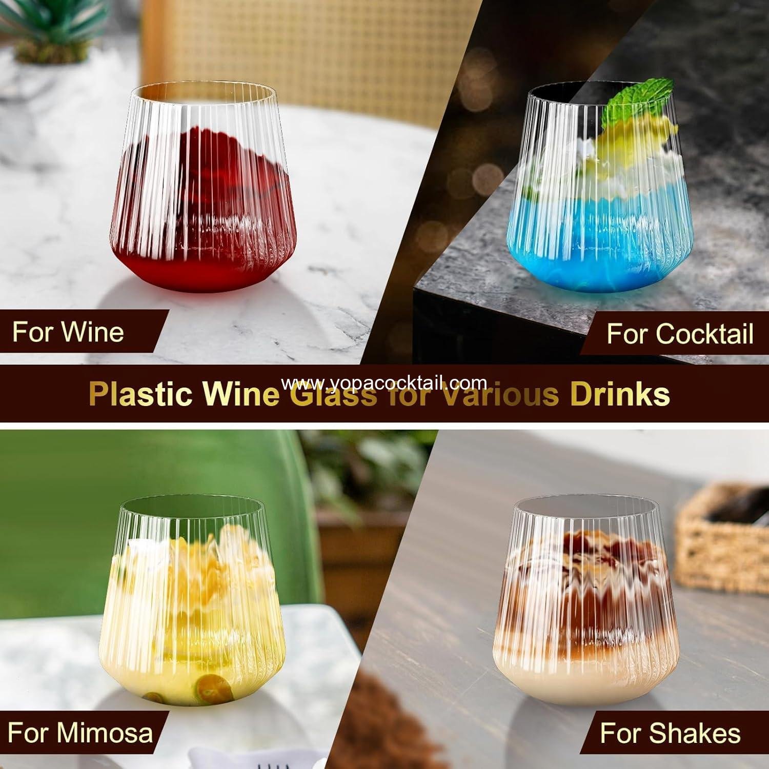 Wholesale 40 Pack Ribbed Plastic Wine Glasses, 14oz Unbreakable Clear Disposable Cocktail Cups, Recyclable Shatterproof Reusable Wine Tumblers - Supplier
