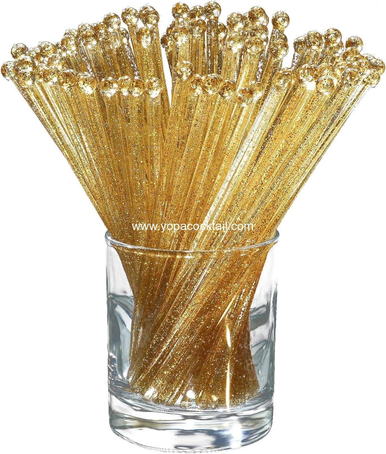 Ball Head Stirrer Disposible Plastic Round Top Crystal Swizzle Sticks, Crystal Cake Pops, Cocktail Coffee Drink Stirrers 100 Pieces (Clear Gold Glitter)