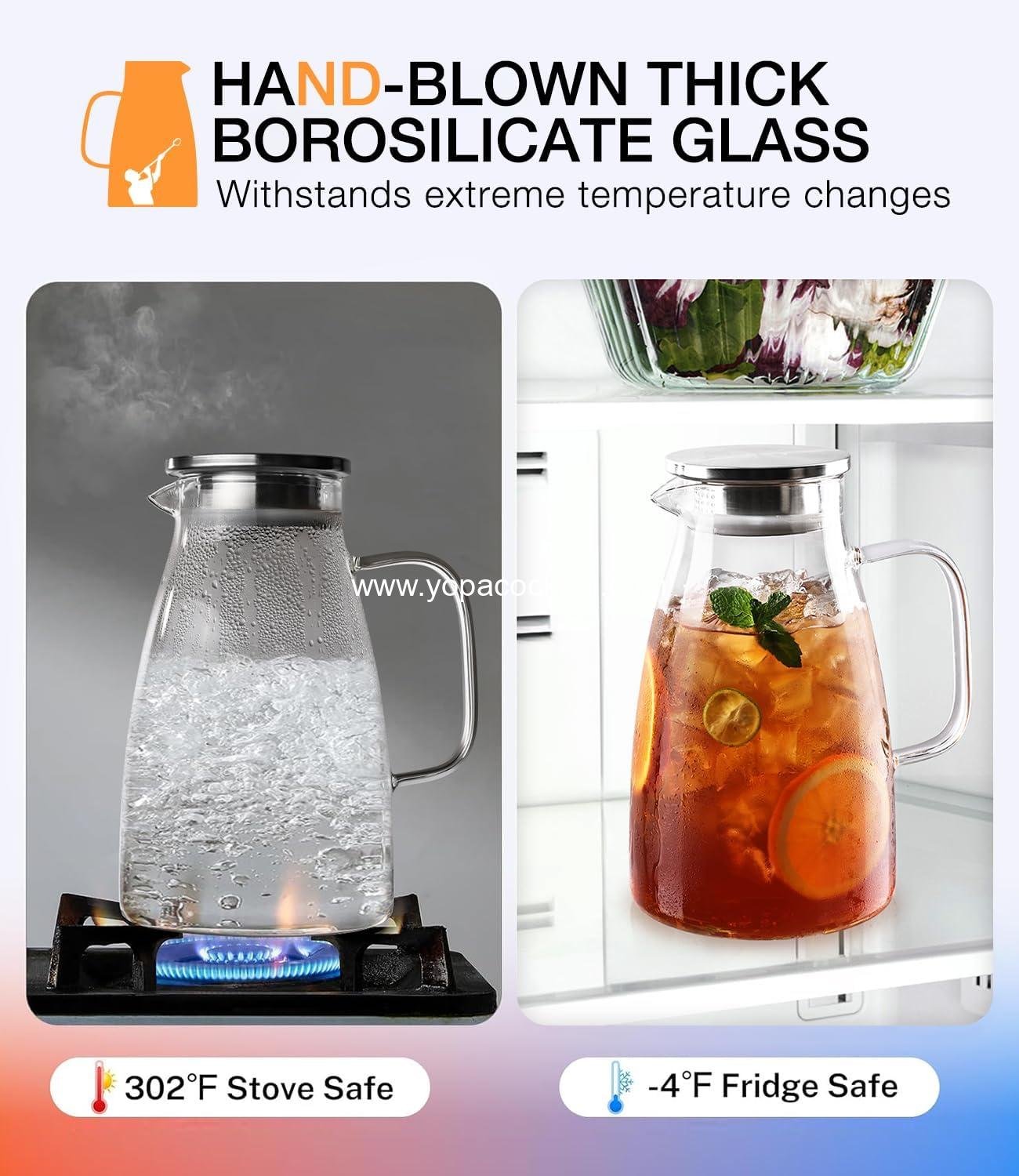 OEM Glass Pitcher with Lid, 2L (68oz) Water Jug with Handle and Spout for Fridge, Borosilicate Glass for Iced Tea, Juice, Sangria, Cold/Hot Beverages, Large Jug with 2 Silicone Rings - Supplier