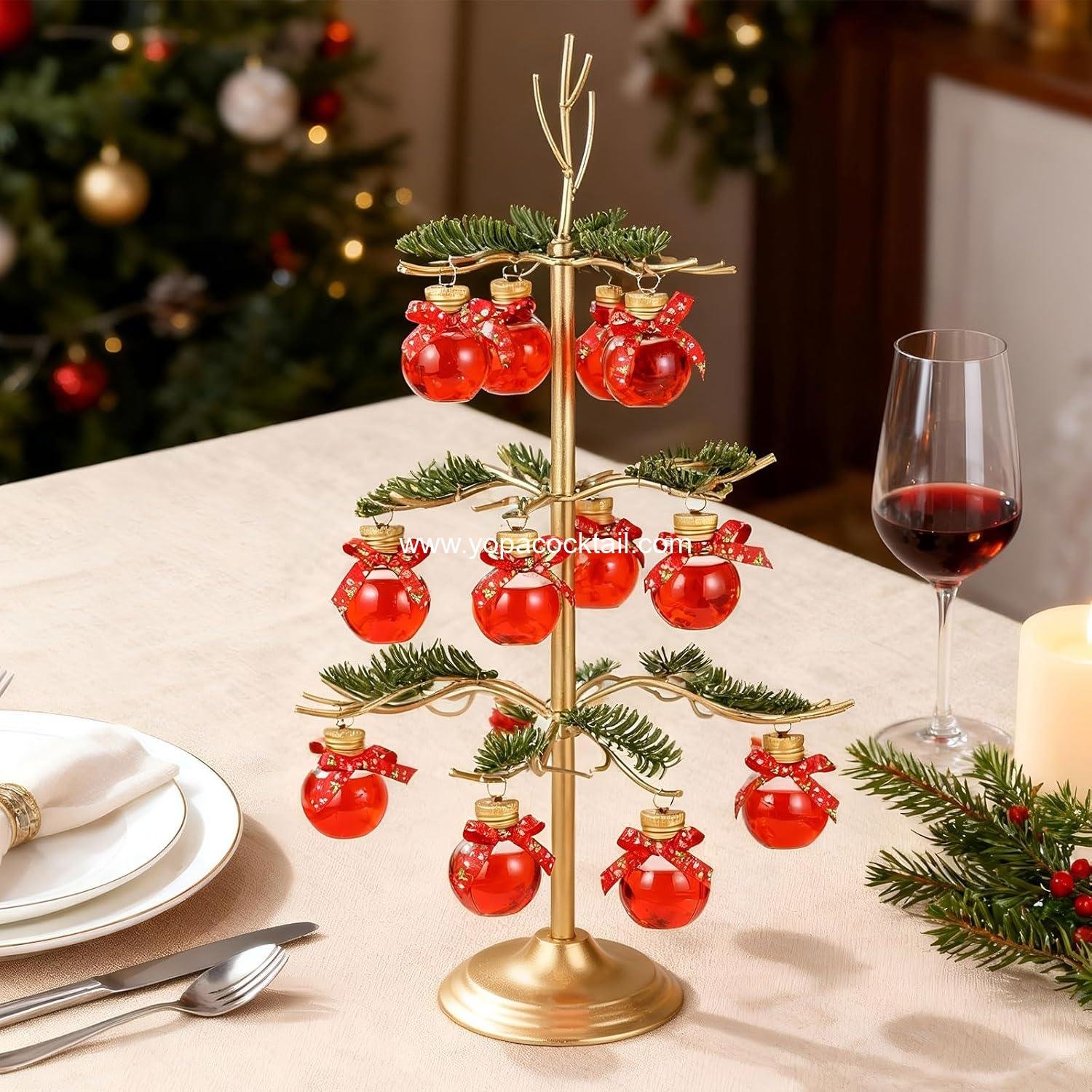 Thyle Christmas Cocktail Tree Stand for Drinks 3 Tier Champagne Tower Holder with 12 Bulb Shaped Clear Bottles and Artificial Green Pine Needles Christmas Ornament Tree for Xmas Wedding Party Decor