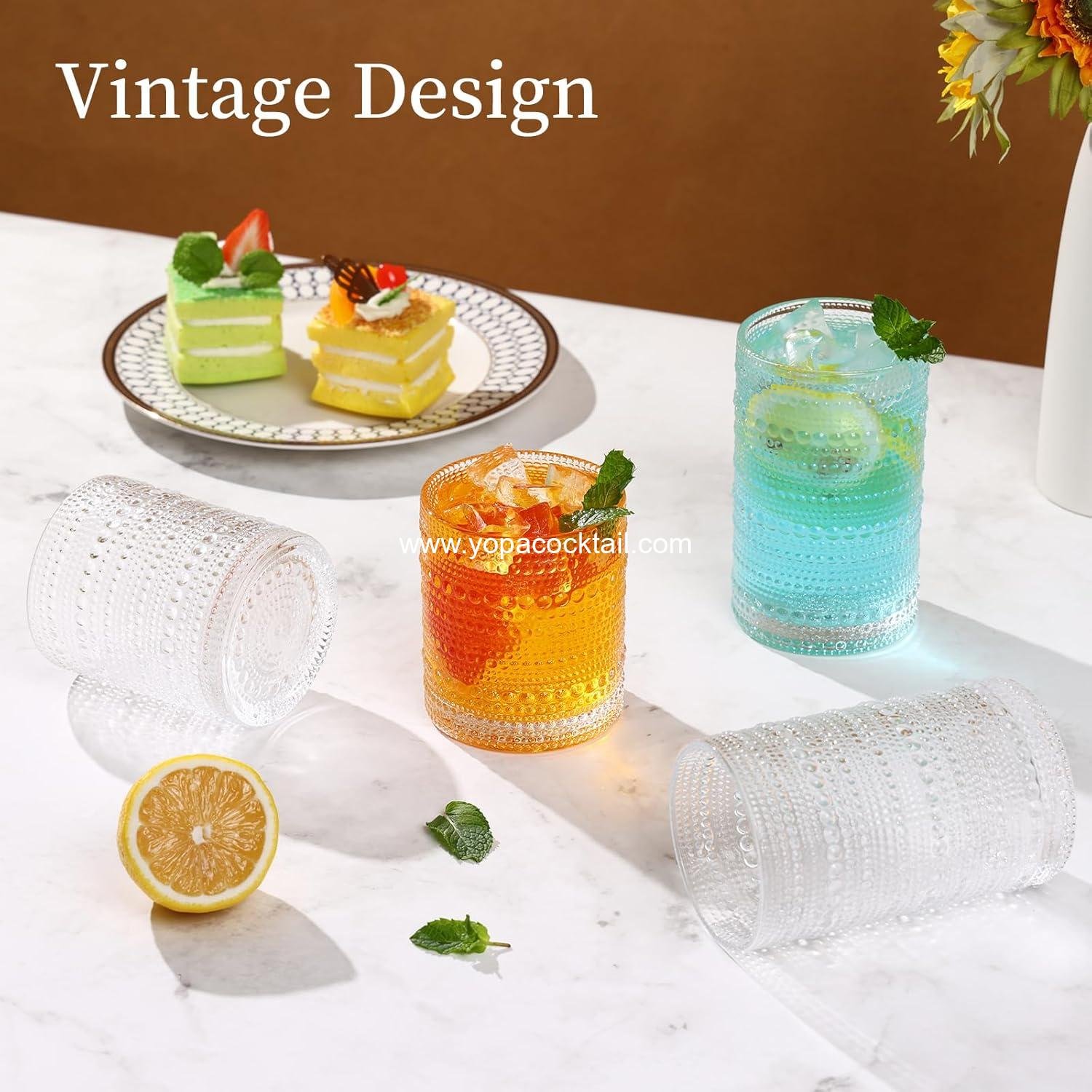 Wholesale Clear Hobnail Drinking Glasses Set, 12 Oz Highball & 10 Oz Cocktail Tumblers, Embossed Boho Glassware for Whiskey, Beer, Juice, Milk - Manufacturer