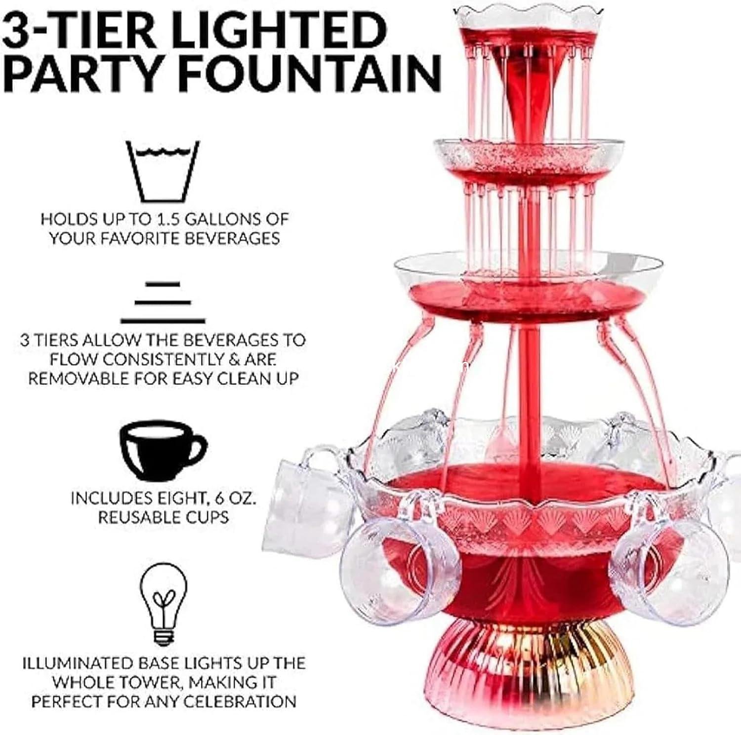 Wholesale 3-Tier Electric Drink Fountain with LED Light Base and 5 Reusable Cups, 1.5-Gallon Capacity Champagne Fountain for Wine, Beer, and Juice - Ideal for Weddings and Parties Supplier