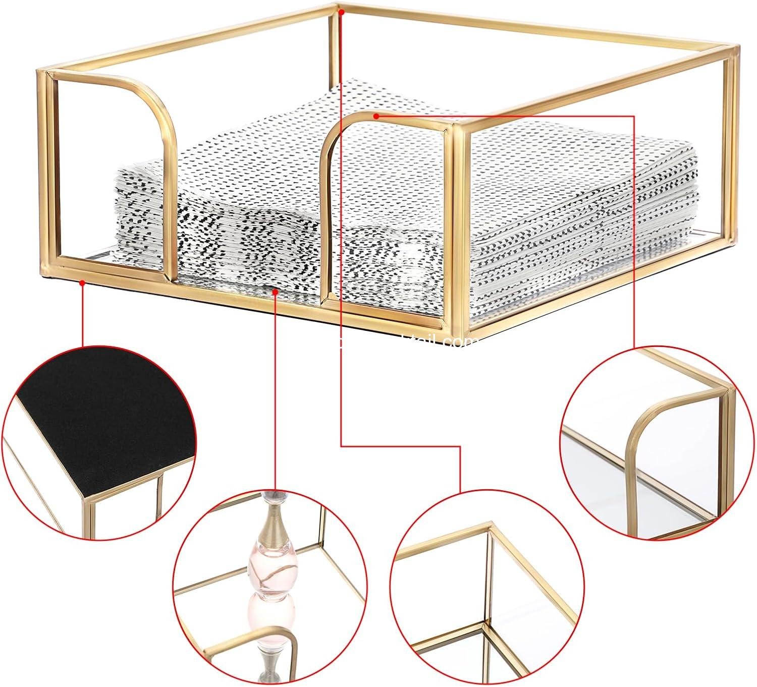 Wholesale Stylish Gold Square Glass Cocktail Napkin Holder for Dining Table, Kitchen, Picnic, Wedding Party Decor, Decorative Napkin Basket, Supplier