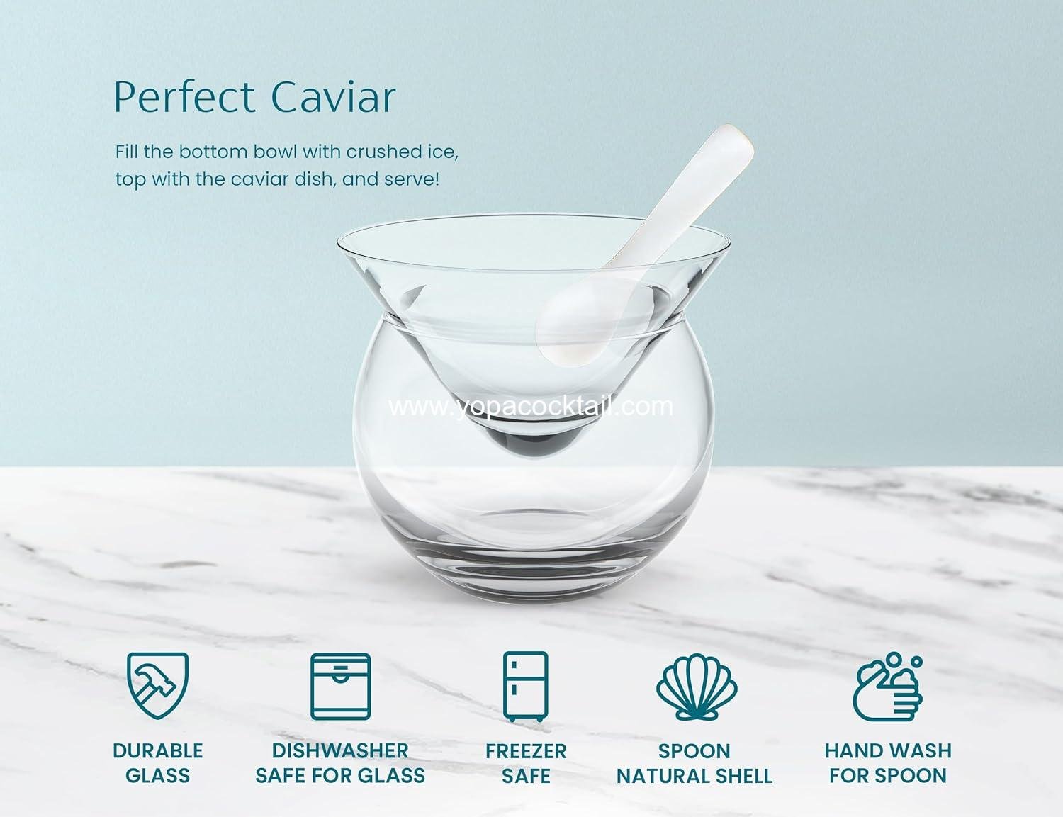 Wholesale Glass Caviar Chiller Server Set with Mother of Pearl Spoons, Ice Holder Serving Dish for Shrimp, Appetizers, Liquor, Martinis, and Cocktails, Dishwasher Safe, 5 oz Bowl, Set of 2 Supplier Wholesale Glass Caviar Chiller Server Set with Mother of Pearl Spoons, Ice Holder Serving Dish for Shrimp, Appetizers, Liquor, Martinis, and Cocktails, Dishwasher Safe, 5 oz Bowl, Set of 2 Supplier