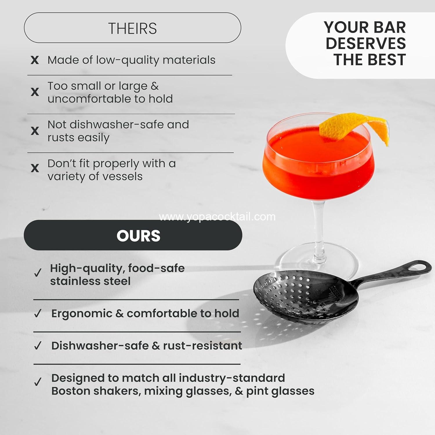 Wholesale Stainless Steel Julep Strainer, 304 Metal Cocktail Sieve for Spirit-Forward Drinks, Rounded Handle Bartender Tool for Mixing Glasses and Shakers, Professional-Grade Drink Strainer Supplier