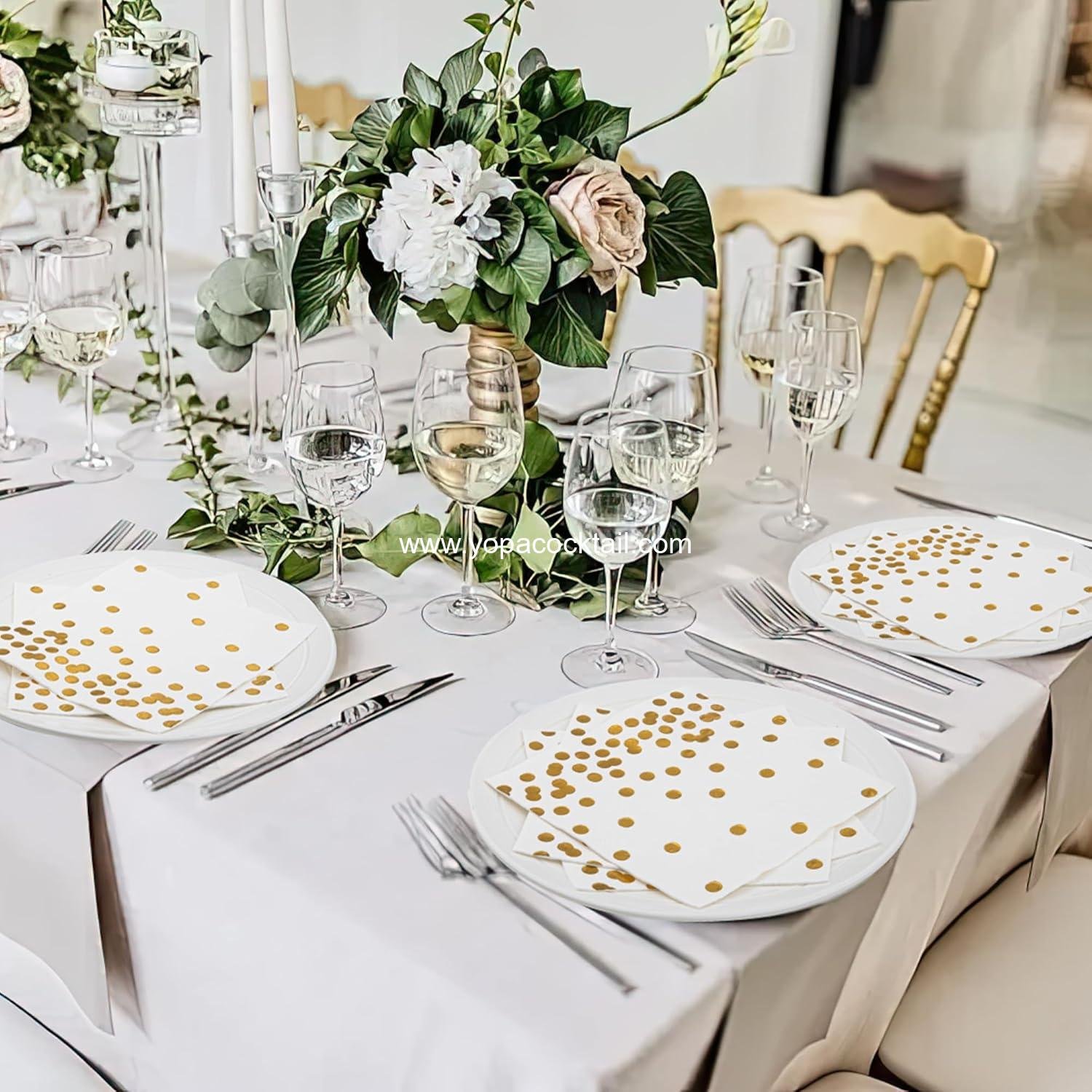 Wholesale 80-Pack White Paper Cocktail Napkins 5 x 5 in 3-Ply Gold Foil Polka Dot Party Supplies manufacturer