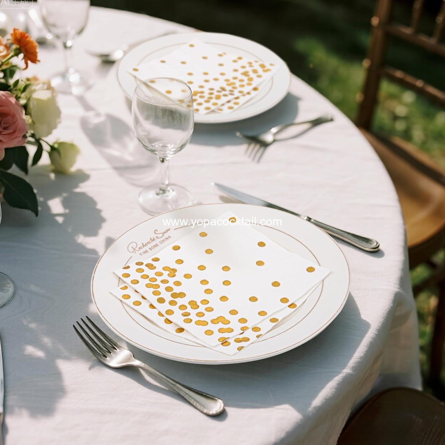 Wholesale 80-Pack White Paper Cocktail Napkins 5 x 5 in 3-Ply Gold Foil Polka Dot Party Supplies manufacturer
