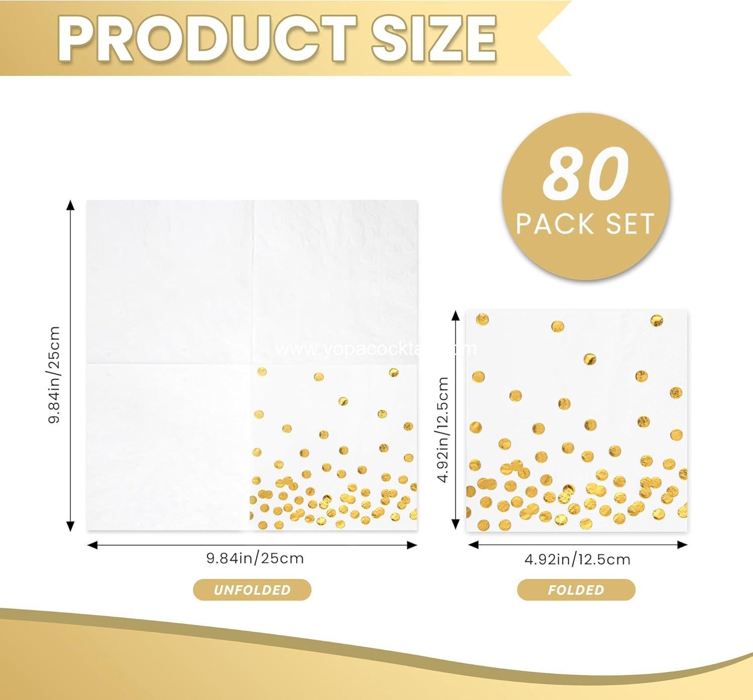 Wholesale 80-Pack White Paper Cocktail Napkins 5 x 5 in 3-Ply Gold Foil Polka Dot Party Supplies manufacturer