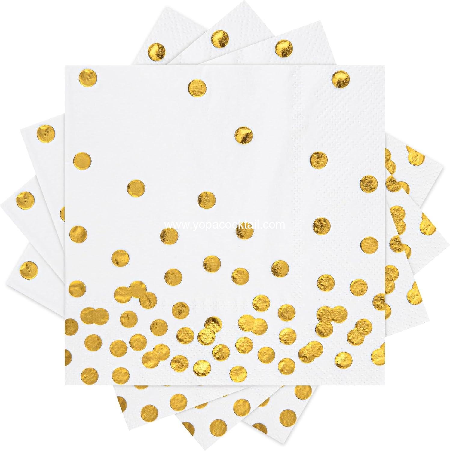 Wholesale 80-Pack White Paper Cocktail Napkins 5 x 5 in 3-Ply Gold Foil Polka Dot Party Supplies manufacturer