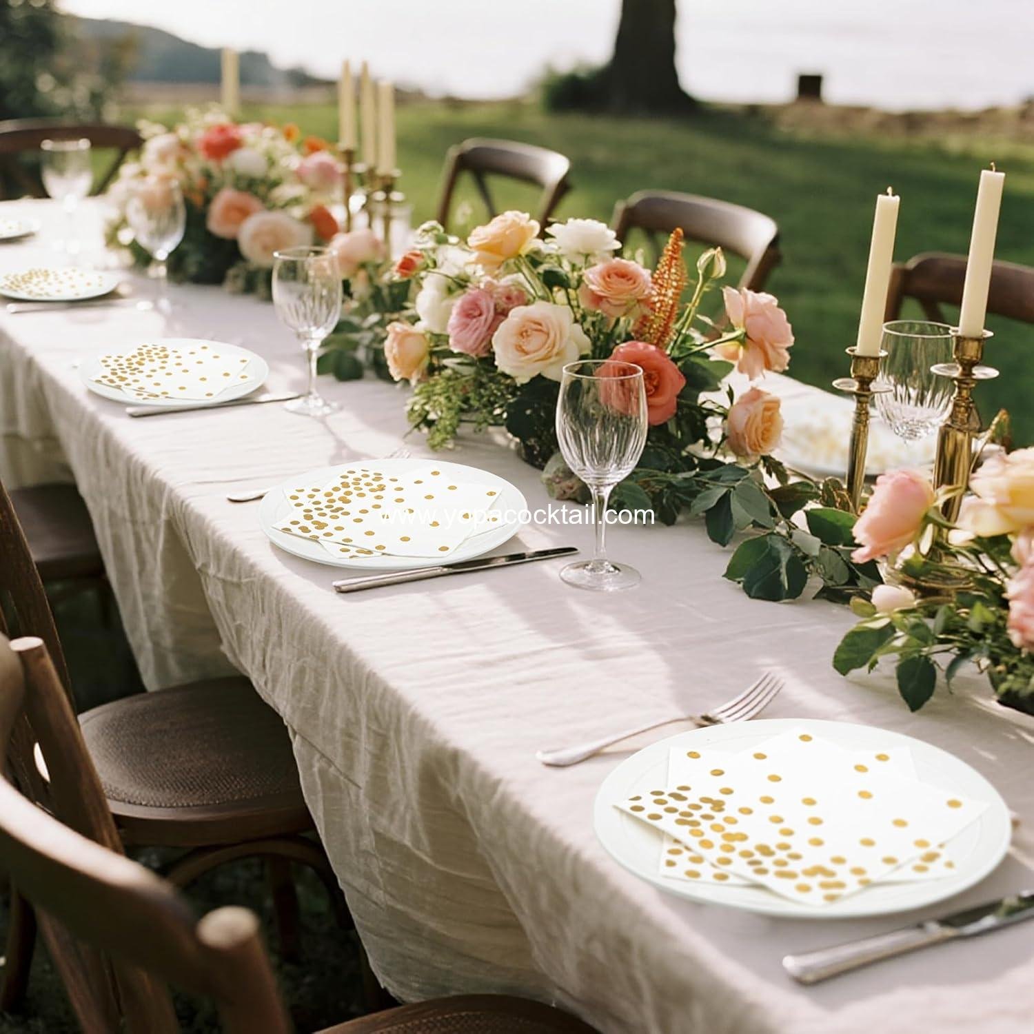 Wholesale 80-Pack White Paper Cocktail Napkins 5 x 5 in 3-Ply Gold Foil Polka Dot Party Supplies manufacturer