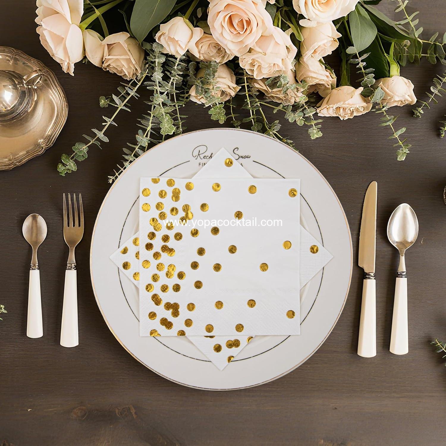 Wholesale 80-Pack White Paper Cocktail Napkins 5 x 5 in 3-Ply Gold Foil Polka Dot Party Supplies manufacturer