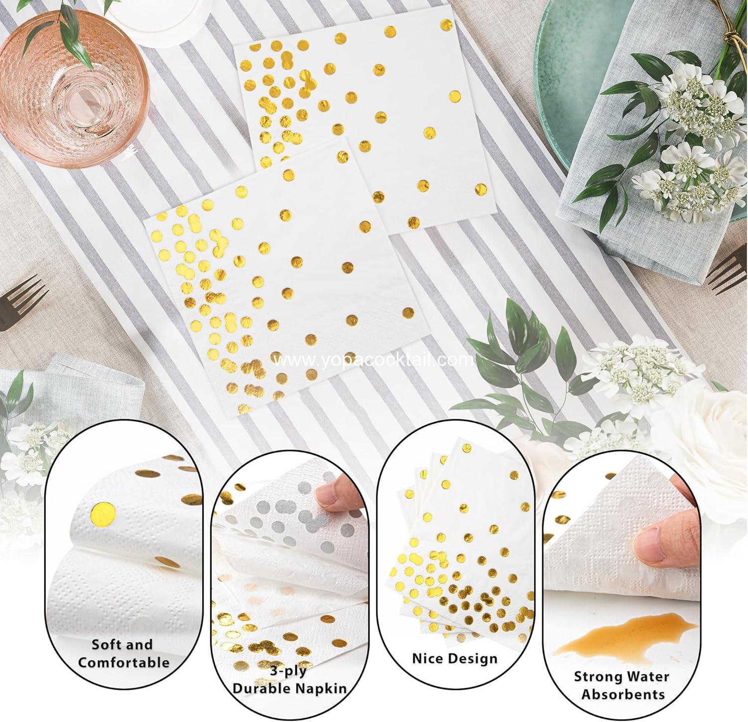 Wholesale 80-Pack White Paper Cocktail Napkins 5 x 5 in 3-Ply Gold Foil Polka Dot Party Supplies manufacturer