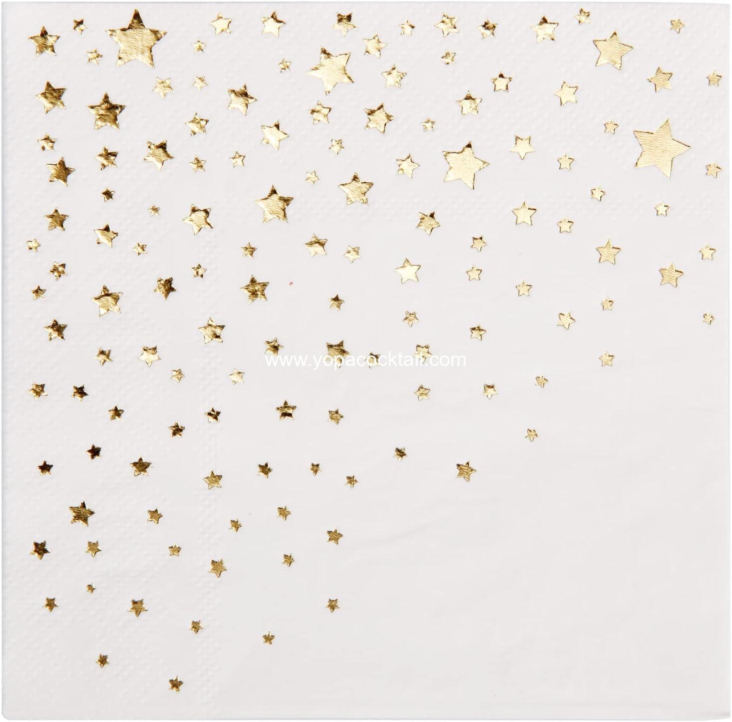 Stylish Gold Cocktail Napkins, 100 Disposable Paper Napkins, 5x5 Inch Gold Star Napkins, 3 Ply Napkins, Disposable Wedding Cocktail Napkins