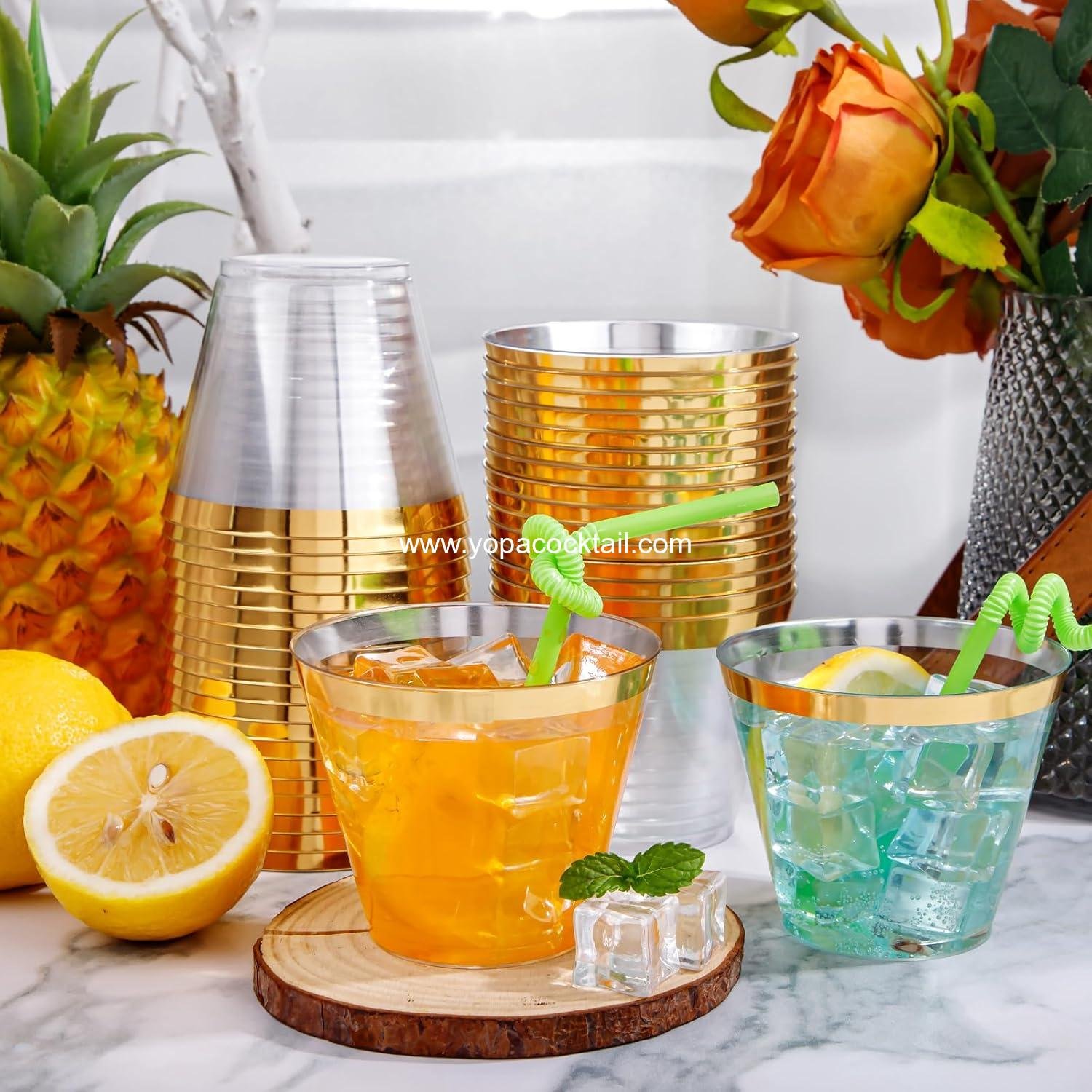 Wholesale 200-Pack 9 oz Gold-Rim Clear Plastic Disposable Wine Glasses Elegant Party & Wedding Cocktail Tumblers manufacturer