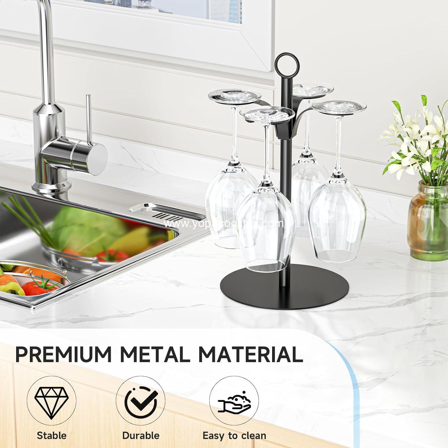 OEM Holds 4 Glasses Wine Glass Holder Stemware Rack Black Metal Cocktail Tree Countertop Champagne Tower for Party Wedding Bar manufacturer