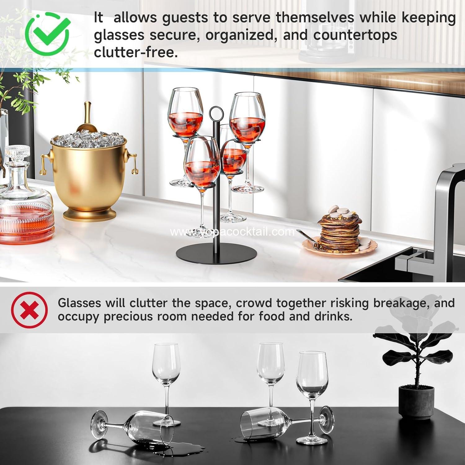 OEM Holds 4 Glasses Wine Glass Holder Stemware Rack Black Metal Cocktail Tree Countertop Champagne Tower for Party Wedding Bar manufacturer