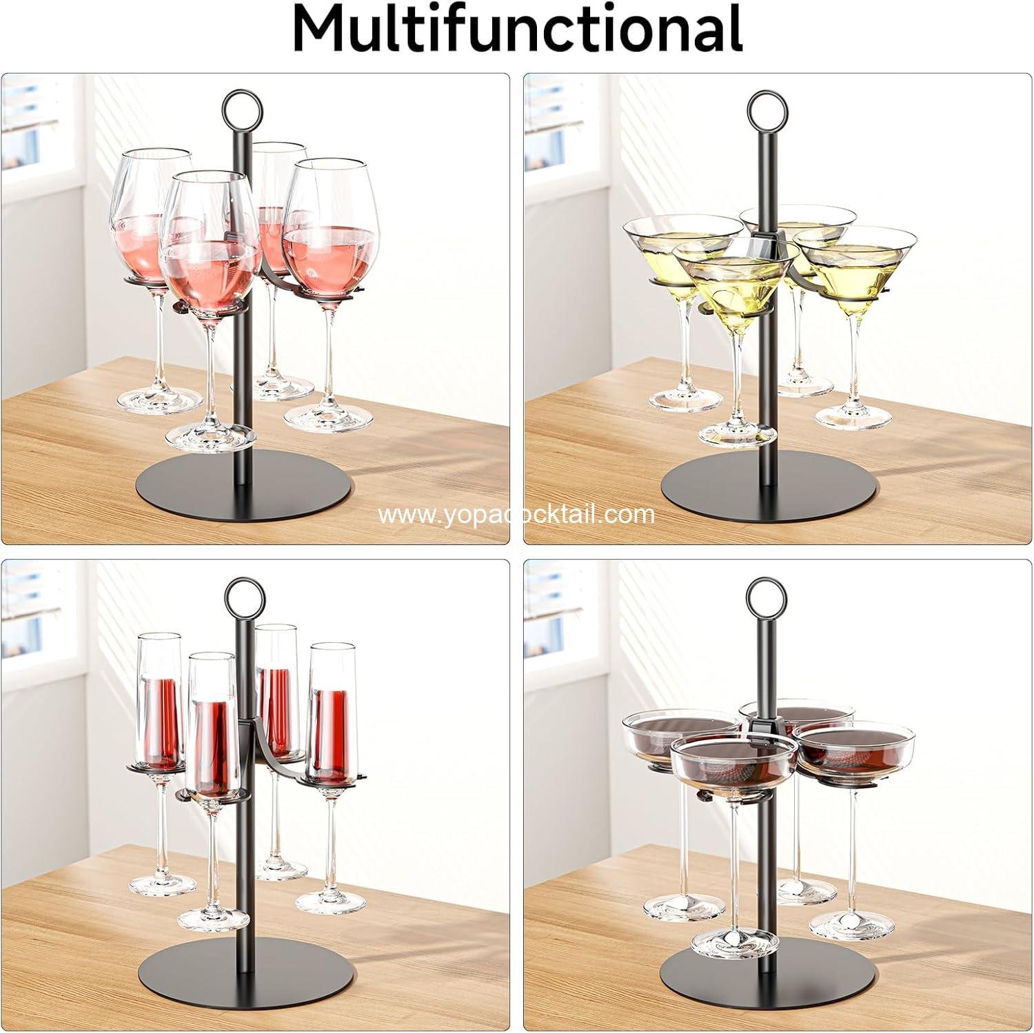 OEM Holds 4 Glasses Wine Glass Holder Stemware Rack Black Metal Cocktail Tree Countertop Champagne Tower for Party Wedding Bar manufacturer