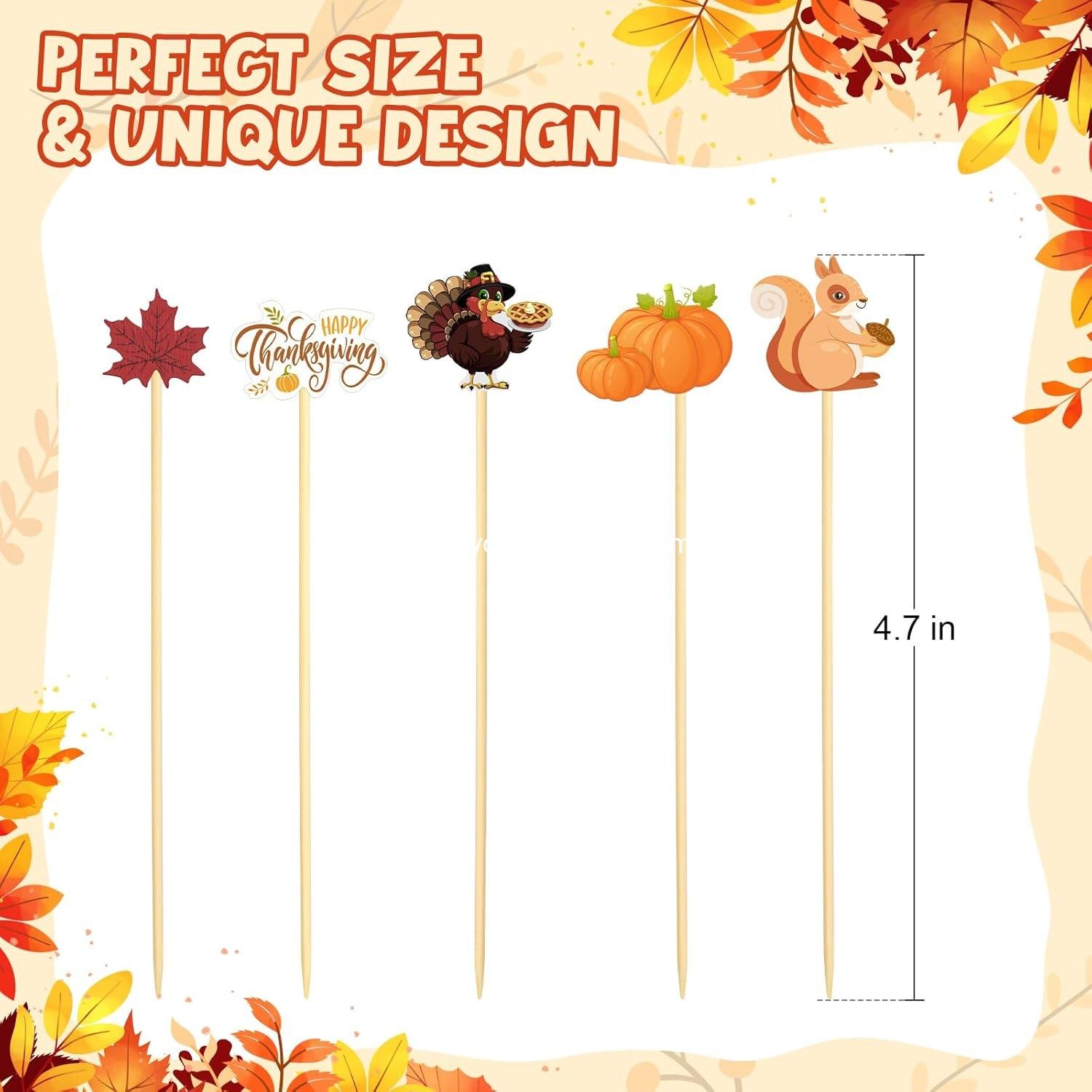 Wholesale 100 pcs Fall Cocktail Picks — Thanksgiving Bamboo Toothpicks for Appetizers & Charcuterie | Autumn Turkey Pumpkin Maple Leaf Squirrel Skewers Party Decorations supplier
