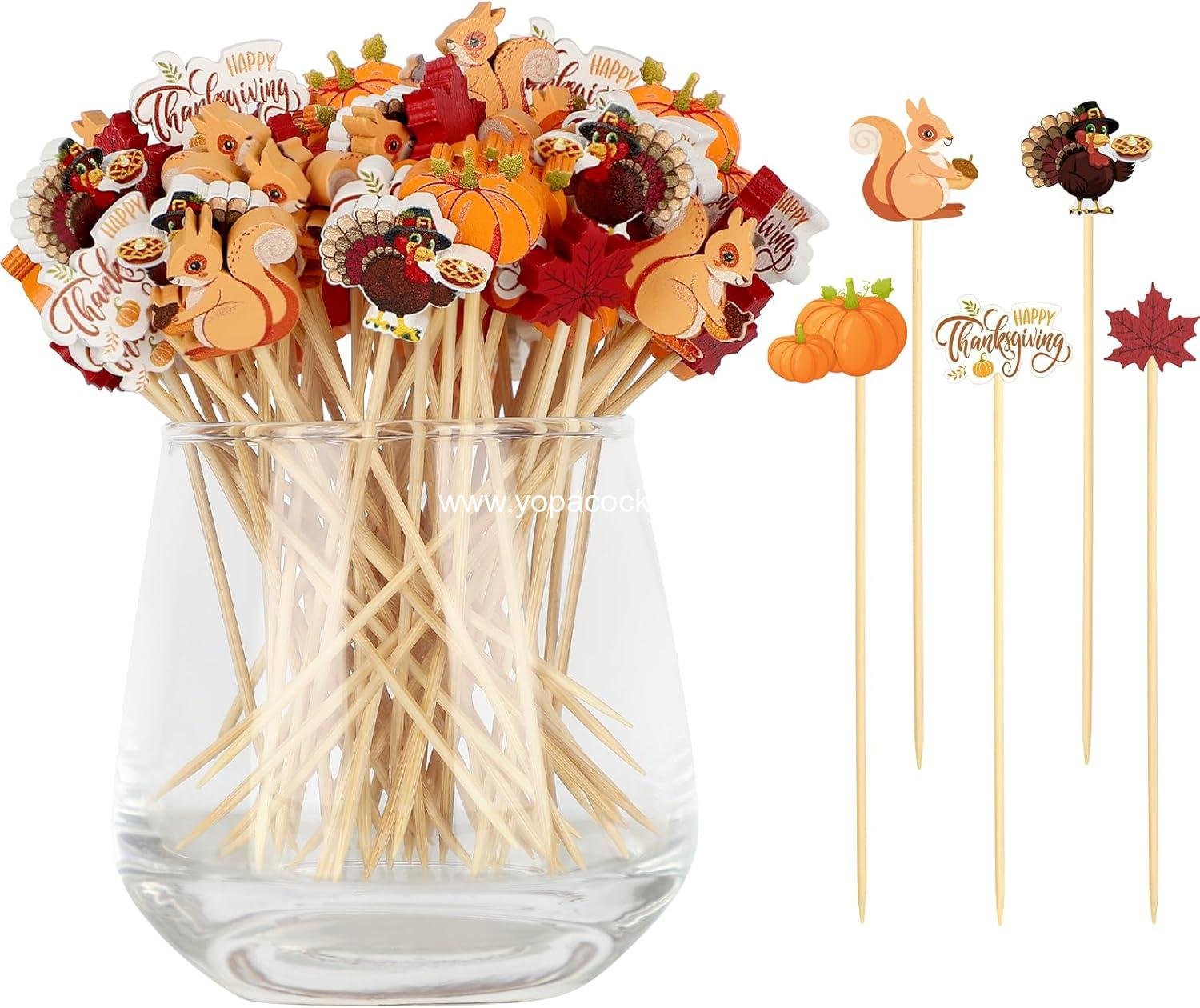 100 Fall Cocktail Picks, Thanksgiving Fancy Toothpicks for Appetizers Charcuterie Food Drinks Fruit, Autumn Theme Turkey Pumpkin Maple Leaf Squirrel Bamboo Skewers Sticks, Party Decorations Supplies