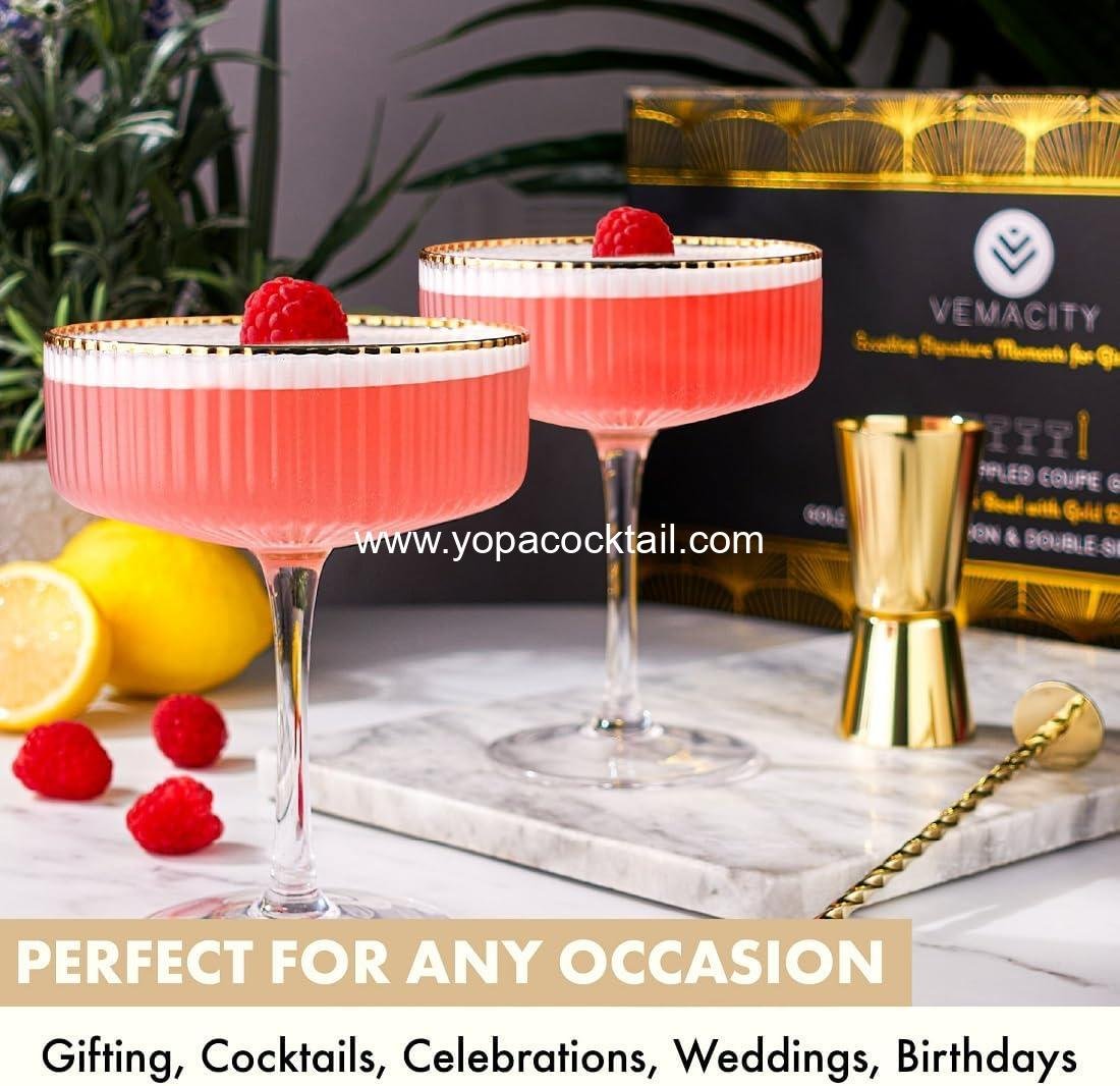 Wholesale Ribbed Espresso Martini Glasses 4-Piece Set with Gold Rims – Vintage Cocktail Glasses for Margaritas & Champagne Includes Jigger & Bar Spoon Ideal for Christmas & New Year manufacturer