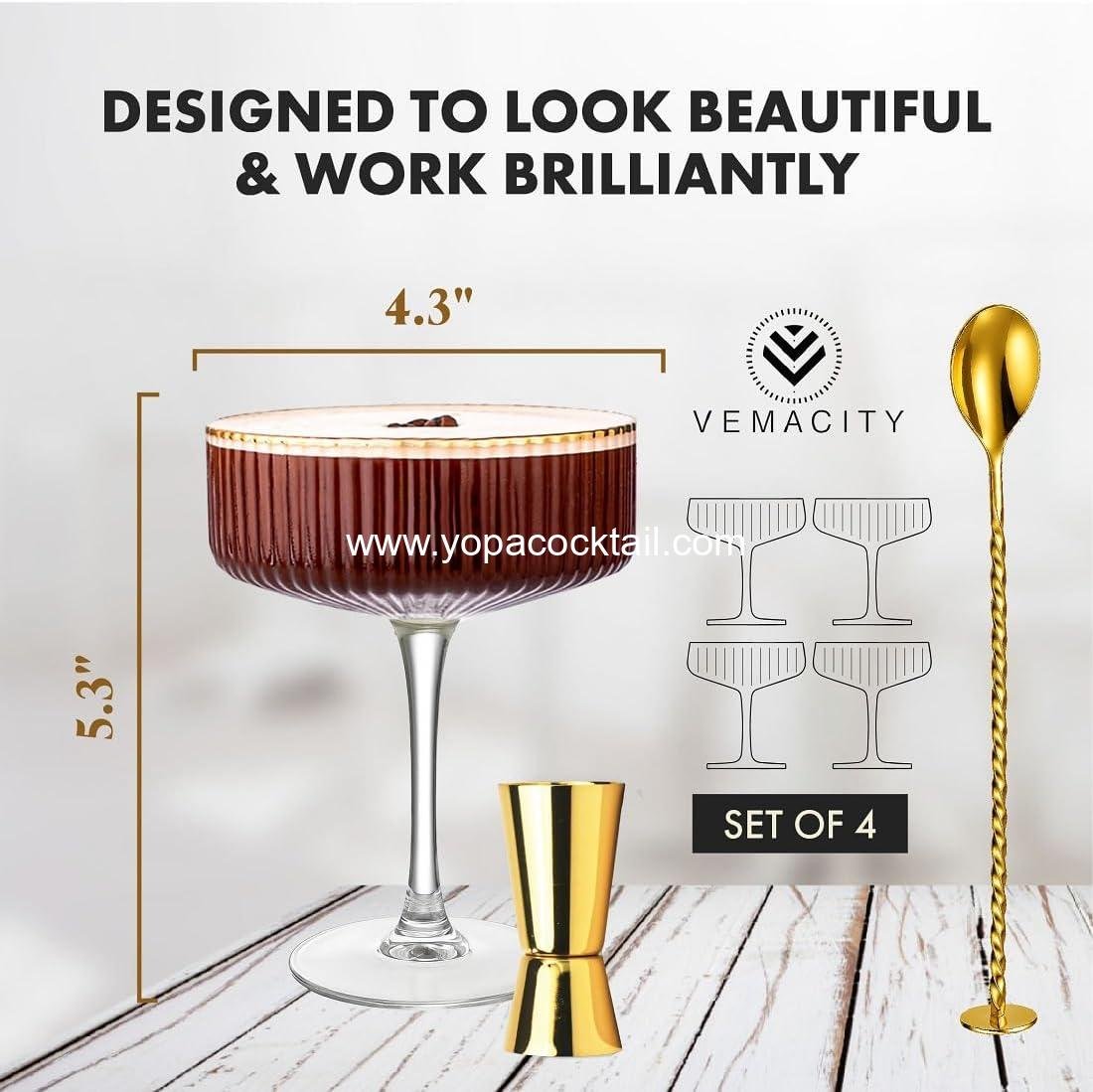 Wholesale Ribbed Espresso Martini Glasses 4-Piece Set with Gold Rims – Vintage Cocktail Glasses for Margaritas & Champagne Includes Jigger & Bar Spoon Ideal for Christmas & New Year manufacturer