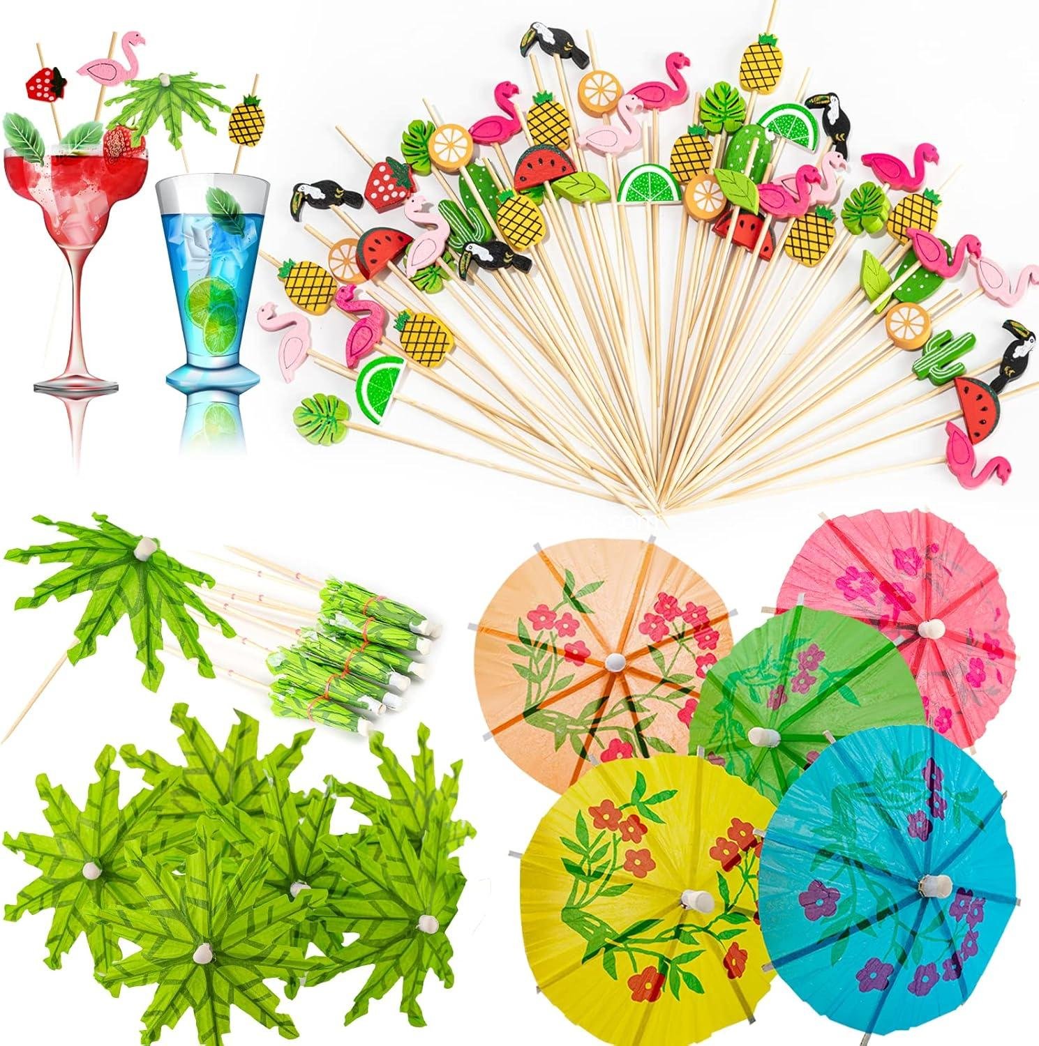 Umbrella Cocktail Picks for Drinks, 160 Pack Cocktail Picks for Luau Tropical Party, Pineapple Palm Leaf Fruit Sticks Summer Hawaiian Party Decorations