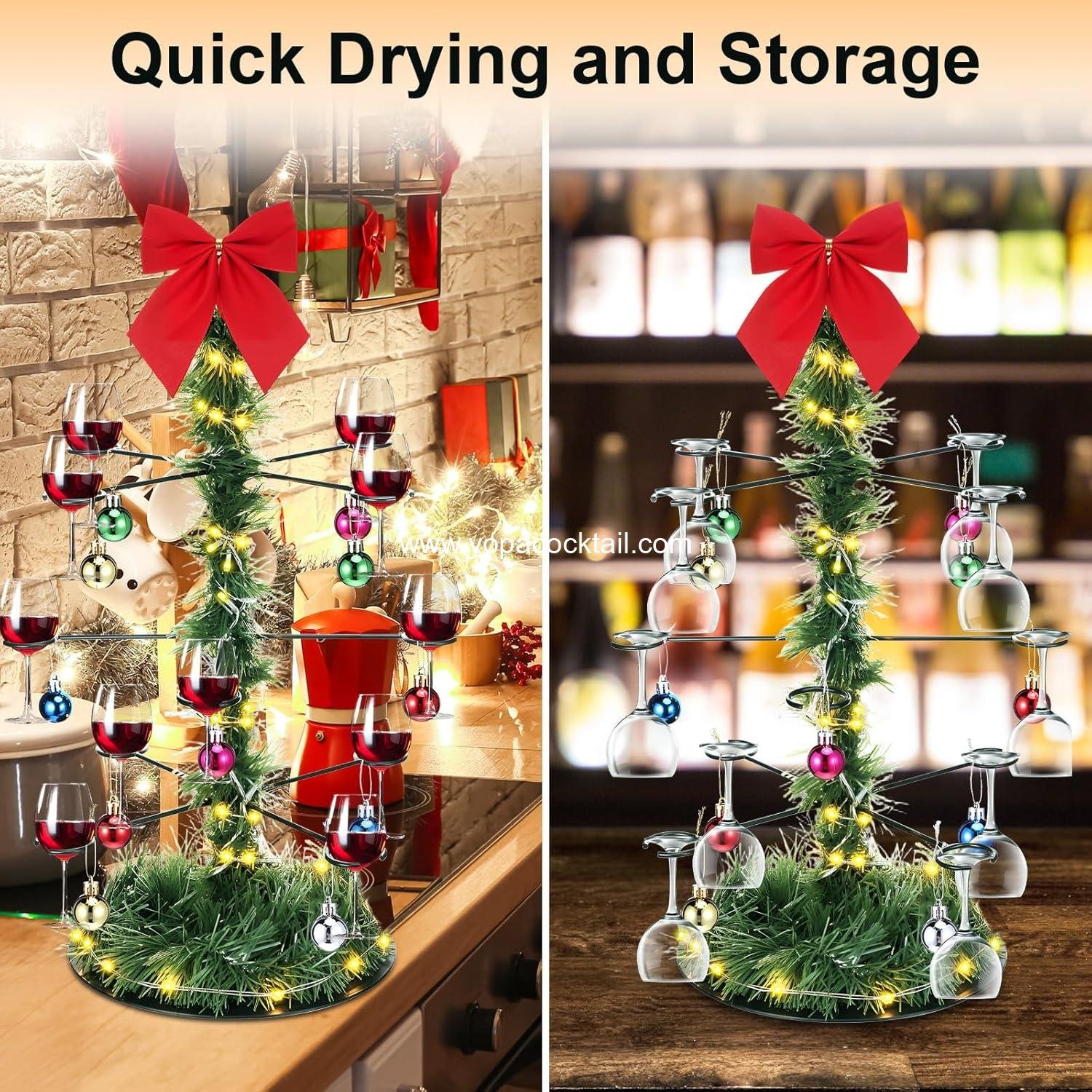 Wholesale 3-Tier 12 Champagne Holders Lighted Christmas Cocktail Tree Stand for Martini Margarita Cups with Bow and Christmas Ball Table Centerpiece Manufacturer