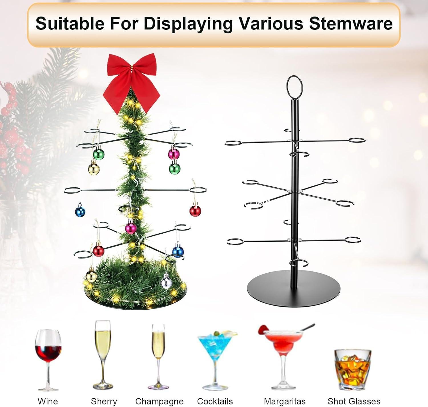 Wholesale 3-Tier 12 Champagne Holders Lighted Christmas Cocktail Tree Stand for Martini Margarita Cups with Bow and Christmas Ball Table Centerpiece Manufacturer