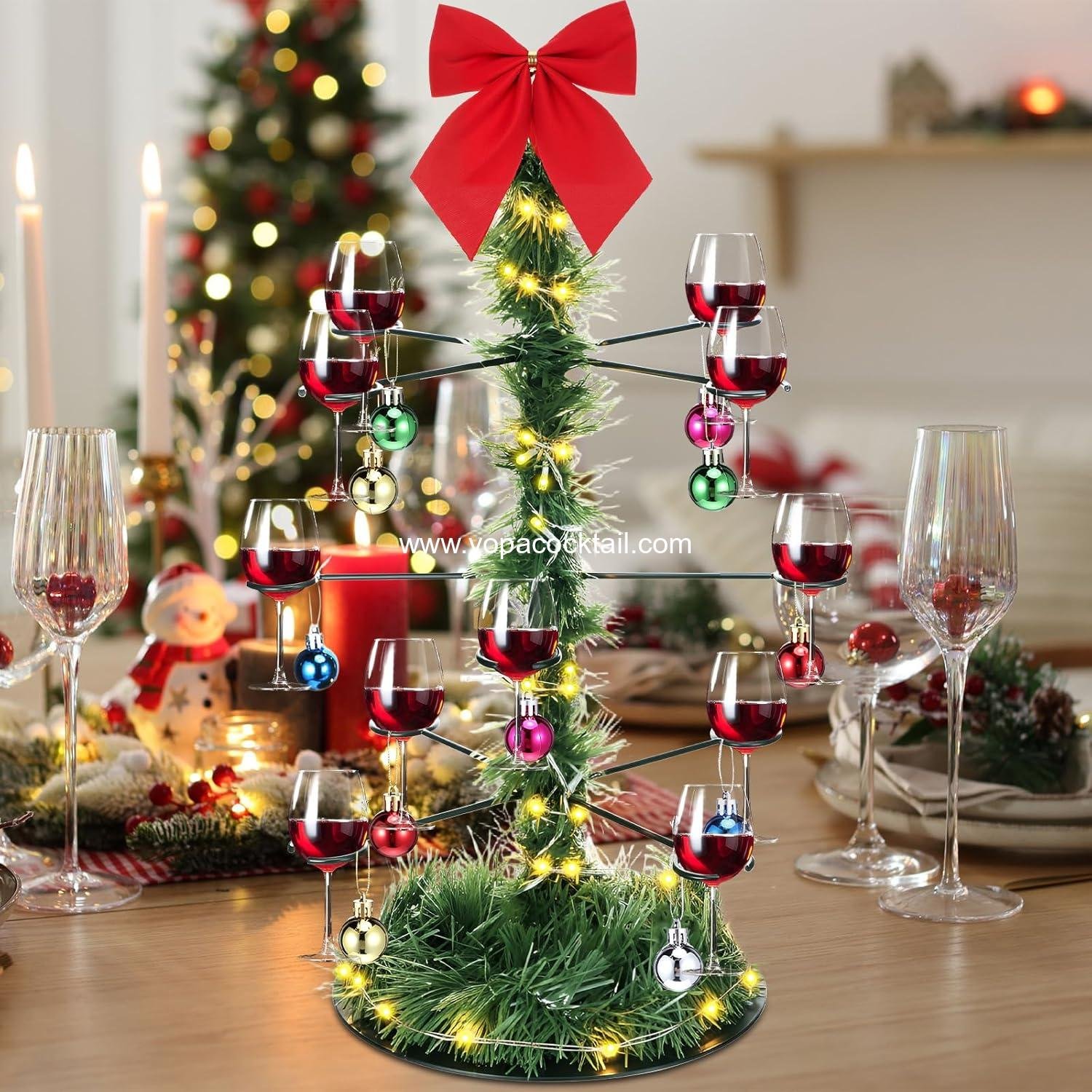 Wholesale 3-Tier 12 Champagne Holders Lighted Christmas Cocktail Tree Stand for Martini Margarita Cups with Bow and Christmas Ball Table Centerpiece Manufacturer