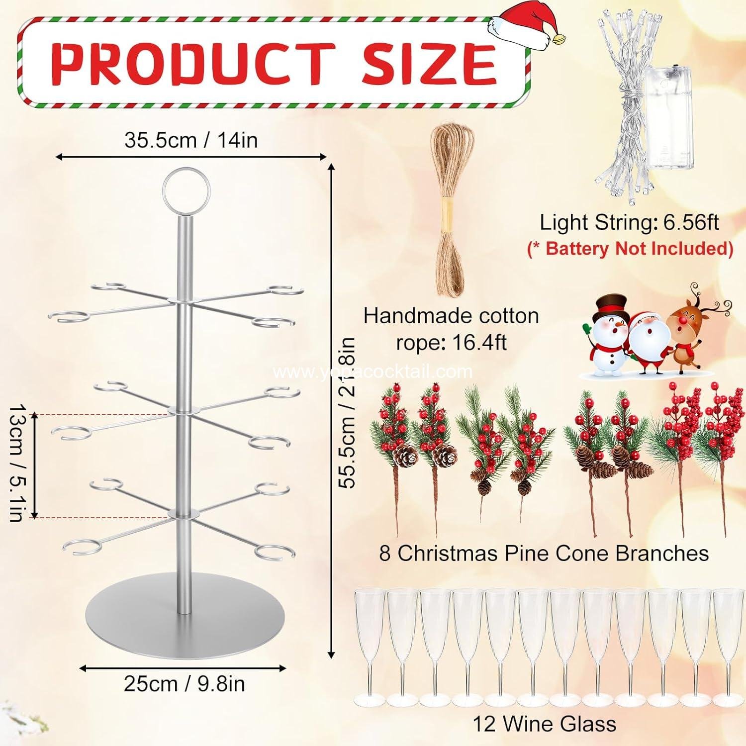 Wholesale 3-Tier Silver Christmas Cocktail Tree Stand — 12-Holder (12 pcs) for 10 oz Wine Glasses Lighted Pinecone-Branch Drink Display Tower for Party/Champagne Bar/Bridal Shower/Wedding supplier