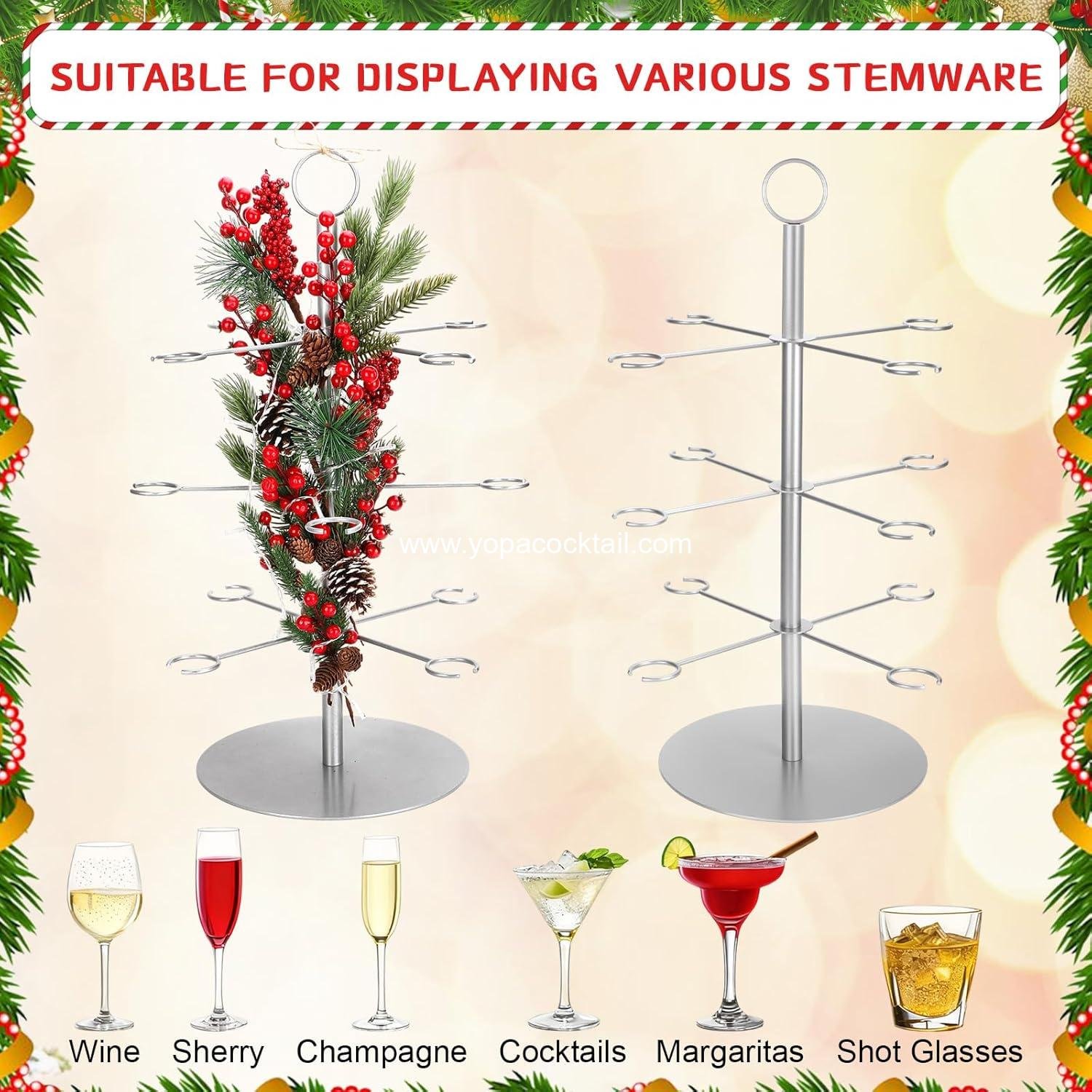 Wholesale 3-Tier Silver Christmas Cocktail Tree Stand — 12-Holder (12 pcs) for 10 oz Wine Glasses Lighted Pinecone-Branch Drink Display Tower for Party/Champagne Bar/Bridal Shower/Wedding supplier