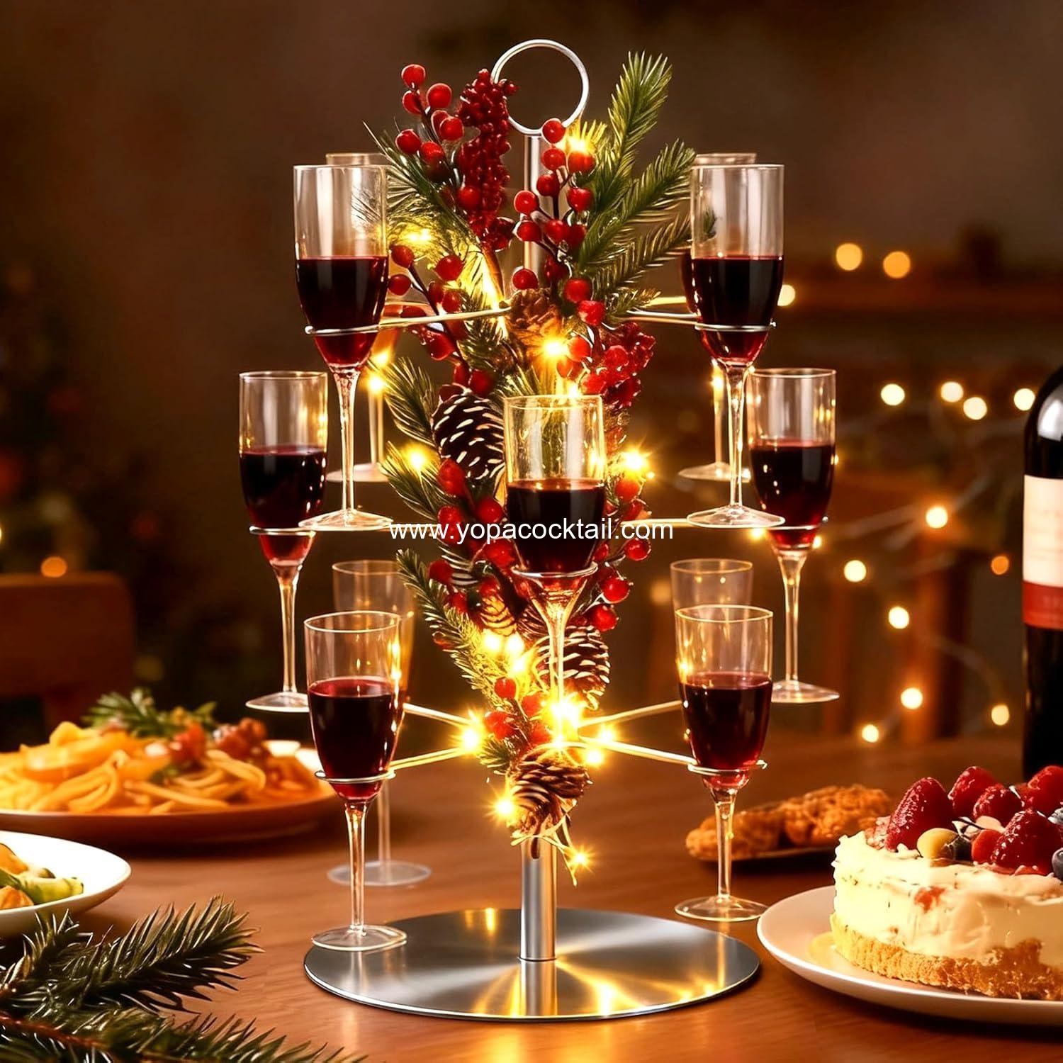 Wholesale 3-Tier Silver Christmas Cocktail Tree Stand — 12-Holder (12 pcs) for 10 oz Wine Glasses Lighted Pinecone-Branch Drink Display Tower for Party/Champagne Bar/Bridal Shower/Wedding supplier