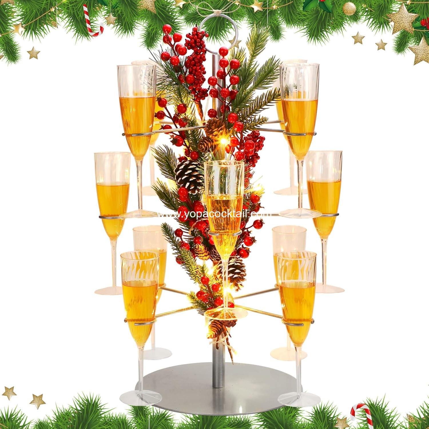 3 Tiers Christmas Silver Cocktail Tree Stand with 12 Holders 12 Pcs 10 oz Wine Glass Light Tree Drink Holder Display Tower with Pinecone Branch for Party Champagne Bar Bridal Shower Wedding