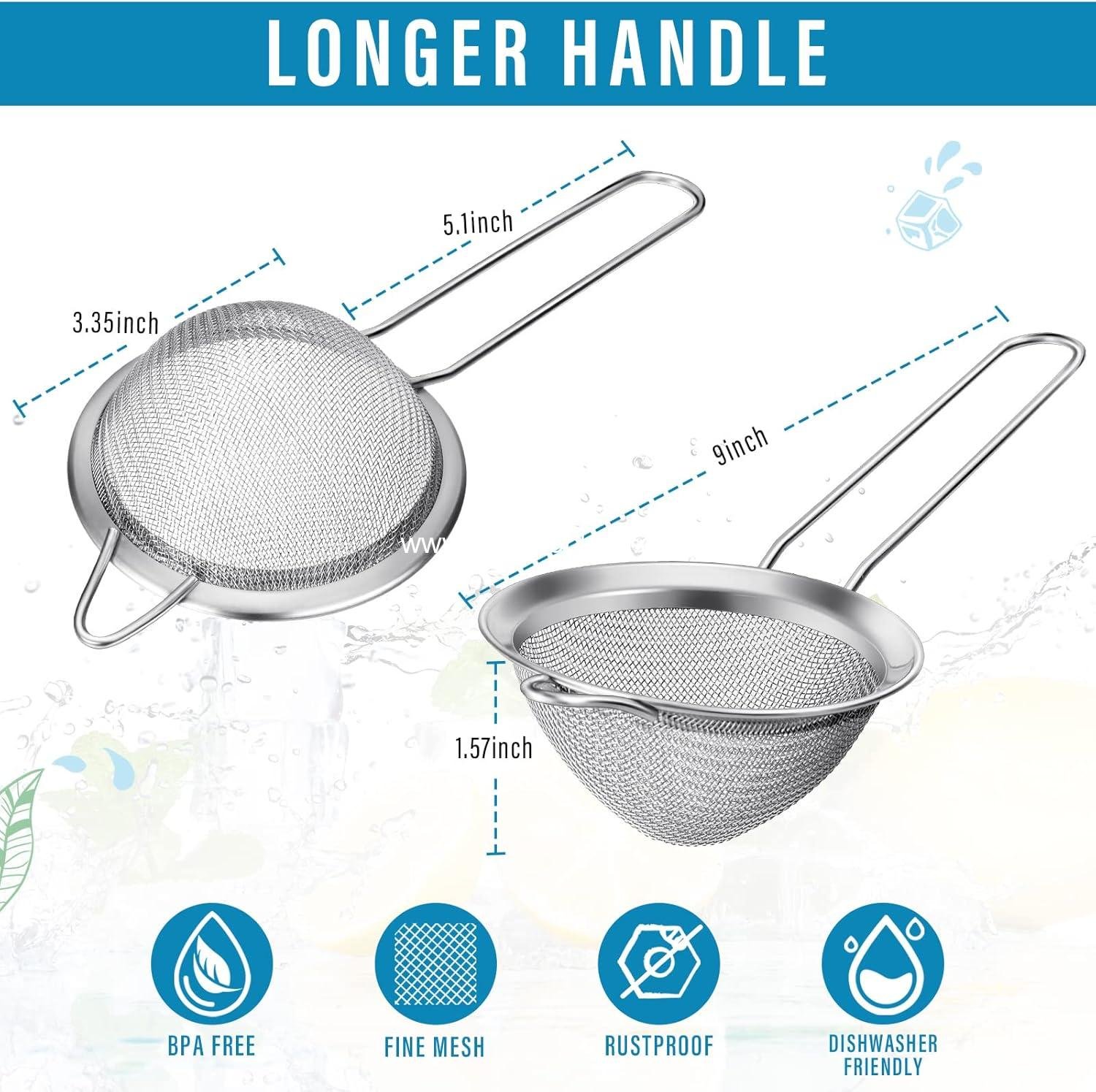 Wholesale 9-Pack Stainless Steel Fine-Mesh Cone Cocktail Strainers 3.2 in Long Handle for Juice Tea Coffee Silver manufacturer
