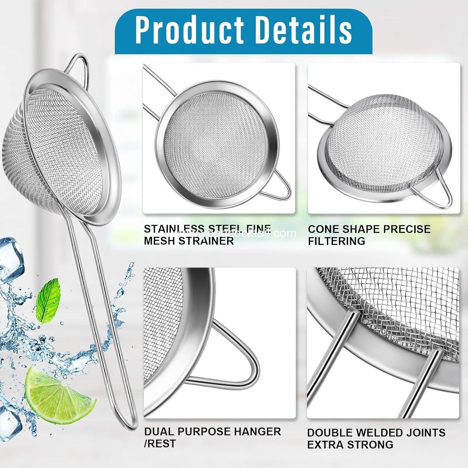 Wholesale 9-Pack Stainless Steel Fine-Mesh Cone Cocktail Strainers 3.2 in Long Handle for Juice Tea Coffee Silver manufacturer
