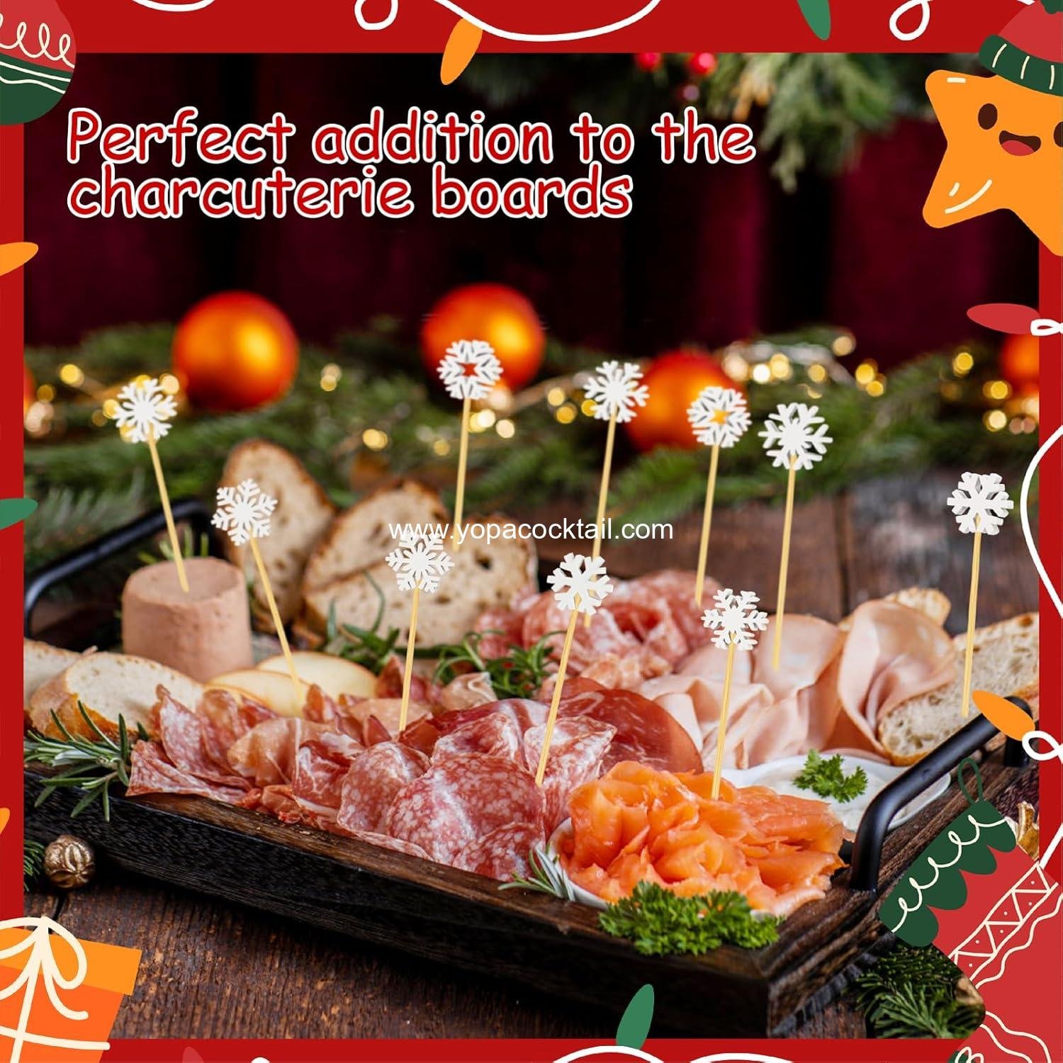 Wholesale 100 4.7 in Christmas Snowflake Cocktail Picks 6 Designs Bamboo Charcuterie Skewers Toothpicks for Appetizers Party Supplies Manufacturer