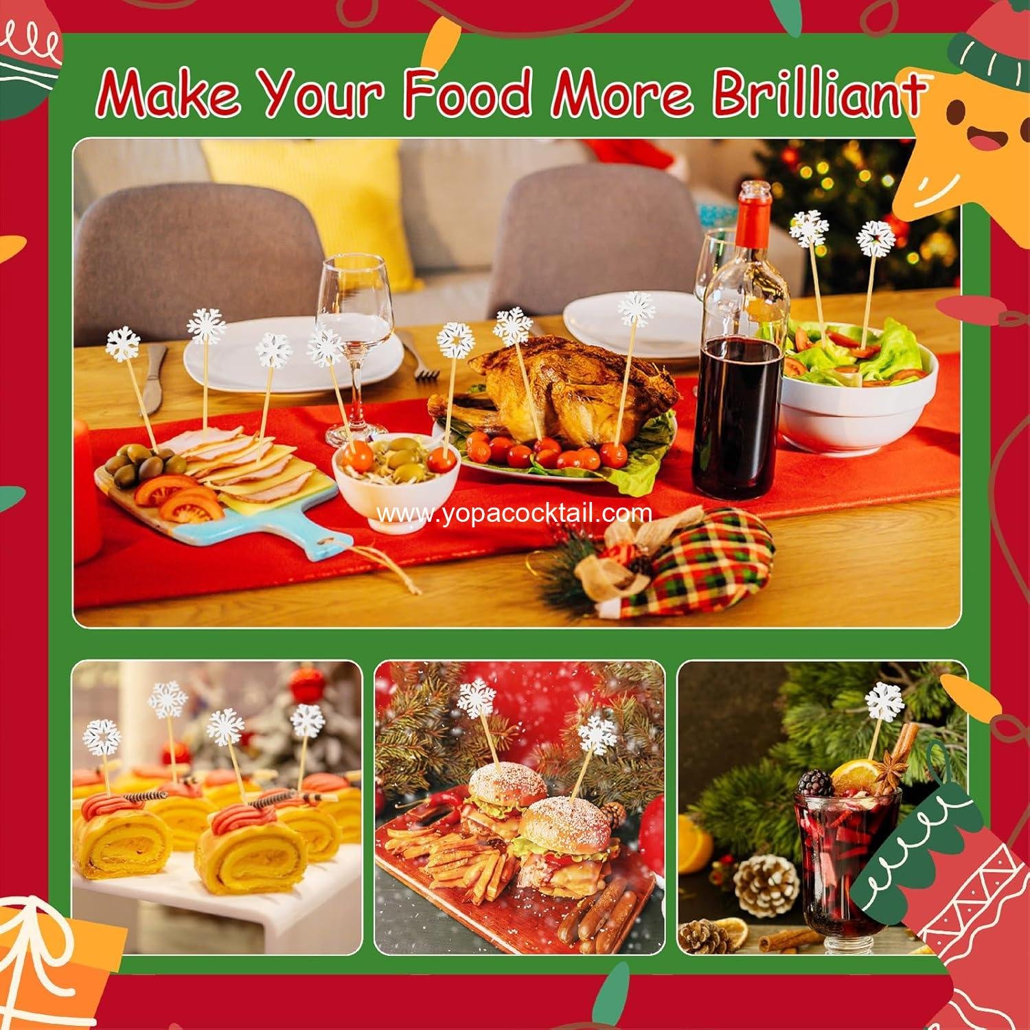 Wholesale 100 4.7 in Christmas Snowflake Cocktail Picks 6 Designs Bamboo Charcuterie Skewers Toothpicks for Appetizers Party Supplies Manufacturer