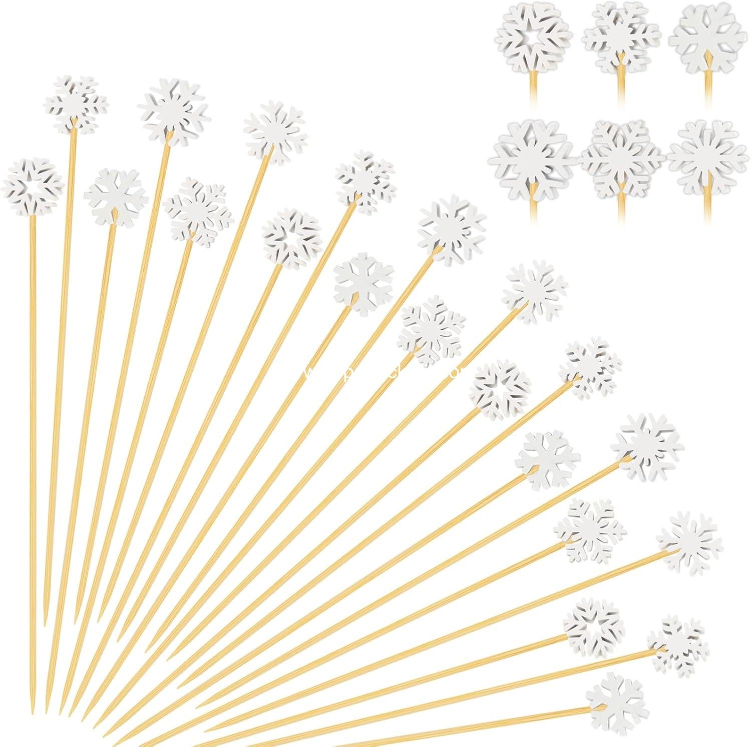 100 Christmas Snowflake Cocktail Picks, 6 Kind of Fancy Christmas Toothpicks for Appetizers, 4.7 IN Bamboo Charcuterie Skewers Food Sticks for Winter Snow Frozen Decorations Christmas Party Supplies