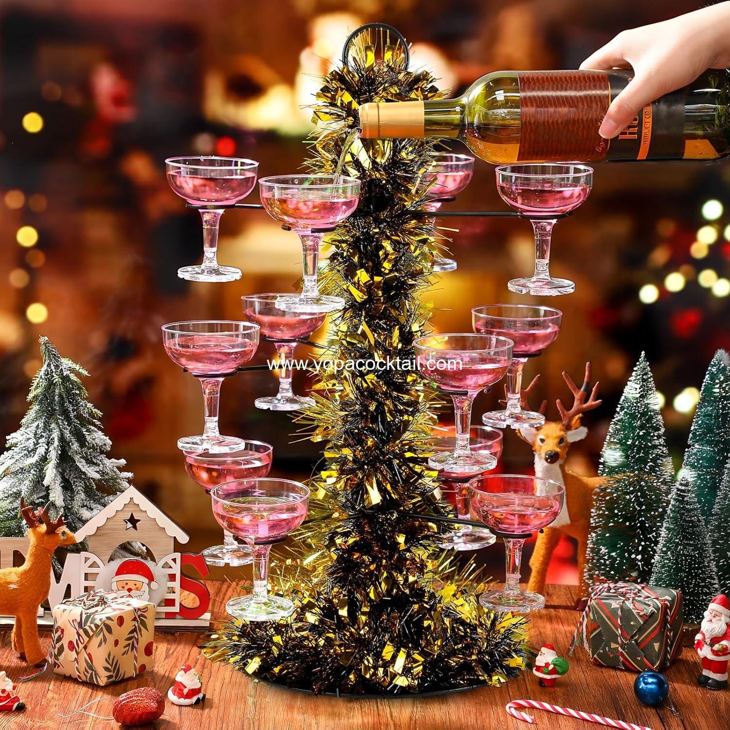 wholesale 3-Tier 12-Holder Cocktail Tree Stand with Christmas Garland | Wine Glass & Champagne Tower for Martini, Weddings & Events (Black/Gold) manufacturer