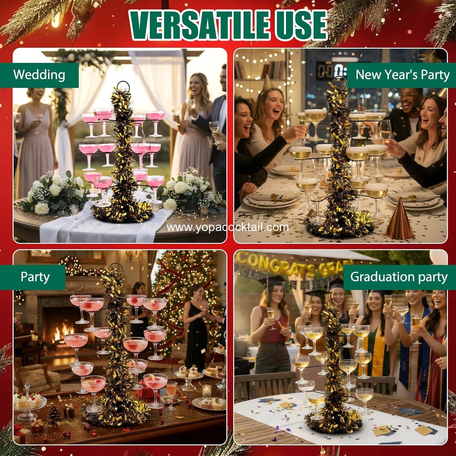wholesale 3-Tier 12-Holder Cocktail Tree Stand with Christmas Garland | Wine Glass & Champagne Tower for Martini, Weddings & Events (Black/Gold) manufacturer