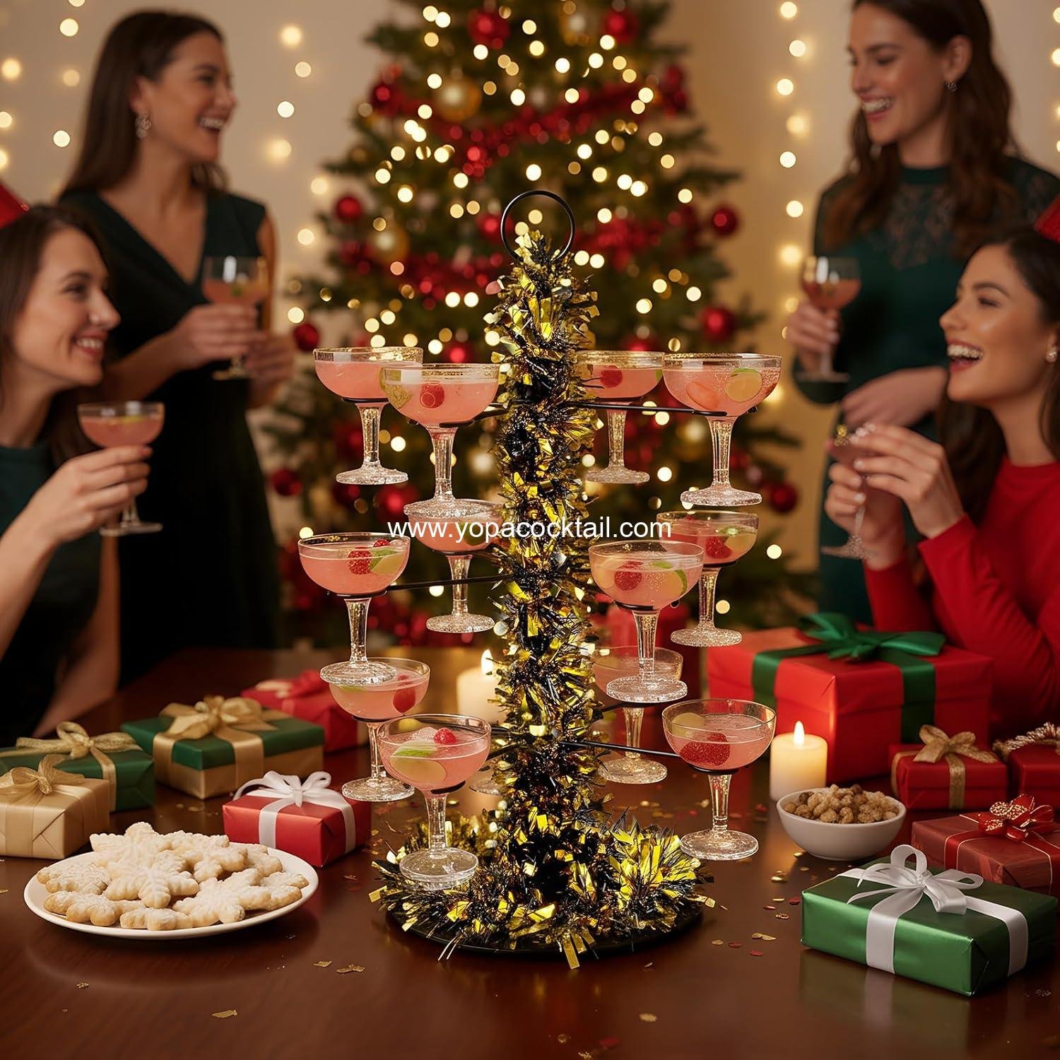 wholesale 3-Tier 12-Holder Cocktail Tree Stand with Christmas Garland | Wine Glass & Champagne Tower for Martini, Weddings & Events (Black/Gold) manufacturer
