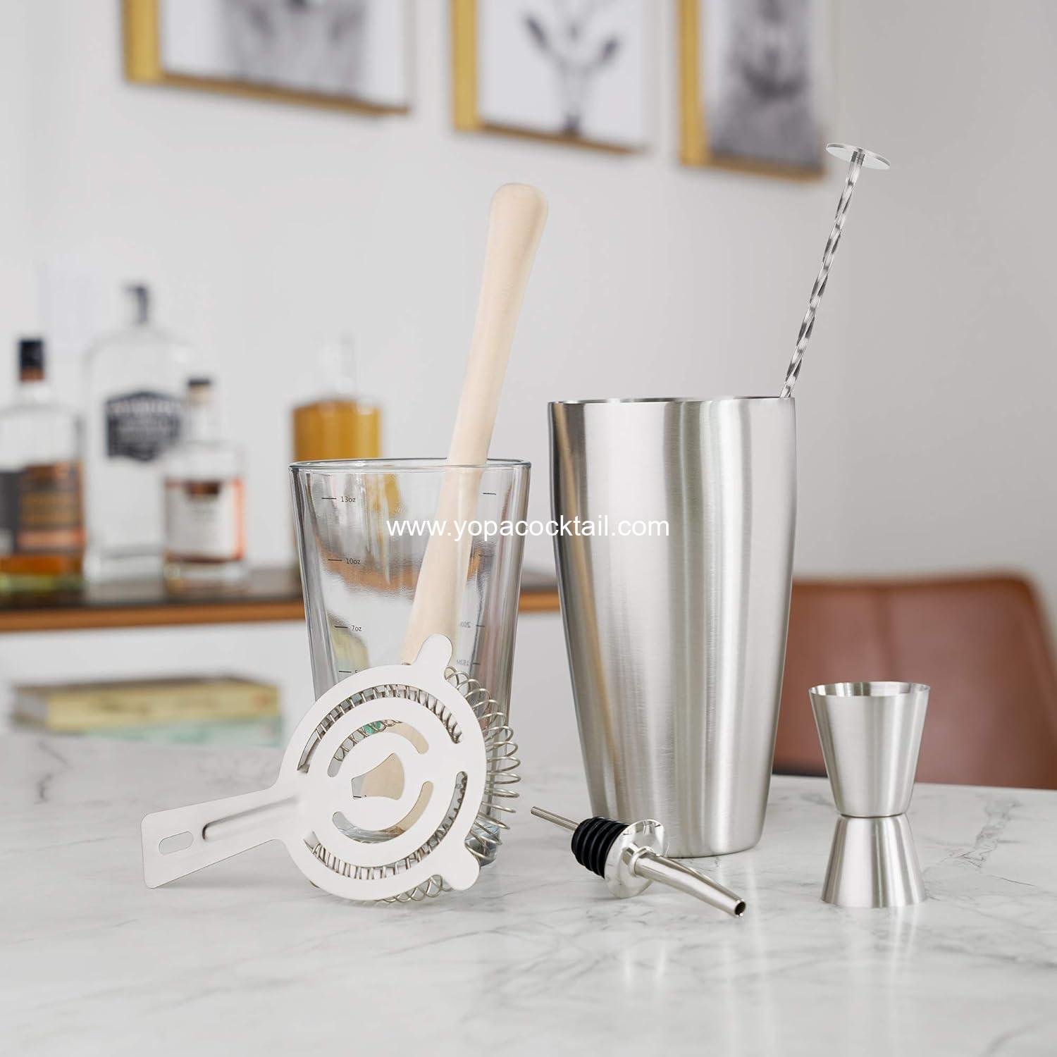 OEM 7-Piece Barware Set for Mixed Drinks and Cold Brew Cocktails Includes Boston Shaker, Mixing Glass, Jigger, Muddler, Strainer, Bar Spoon, and Pour Spout for Home Bar and Bartender Gifts Supplier