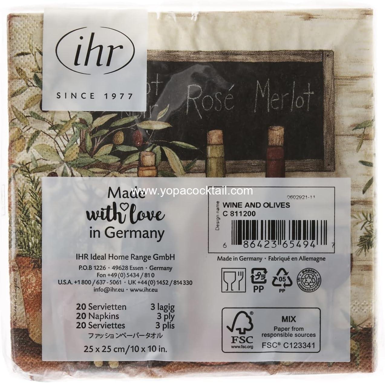 Wholesale Cocktail Beverage Paper Napkins, 5x5 Inches, Wine and Olive Design - Supplier Wholesale Cocktail Beverage Paper Napkins, 5x5 Inches, Wine and Olive Design - Supplier